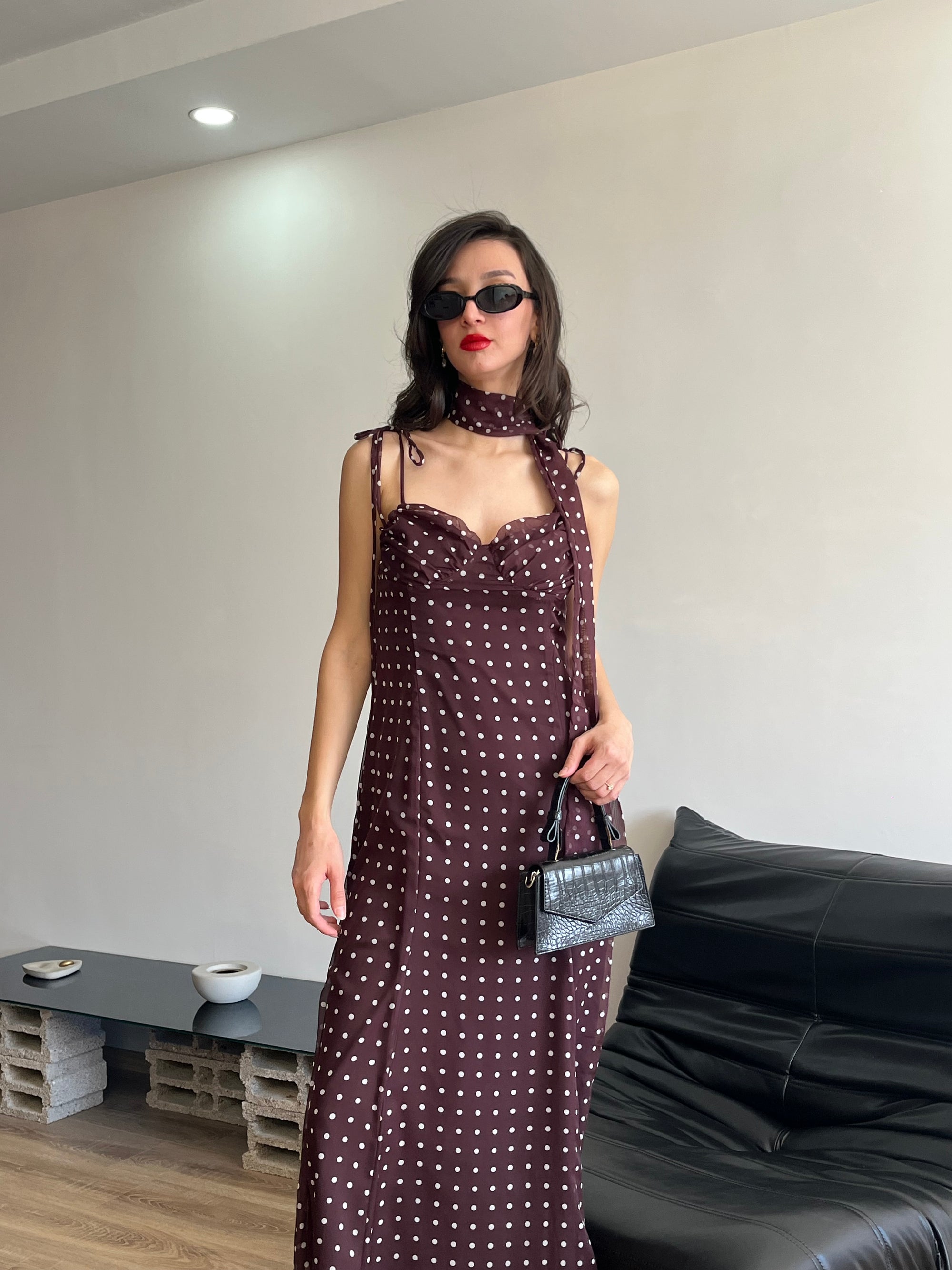 Şal Detaylı Puantiyeli Elbise