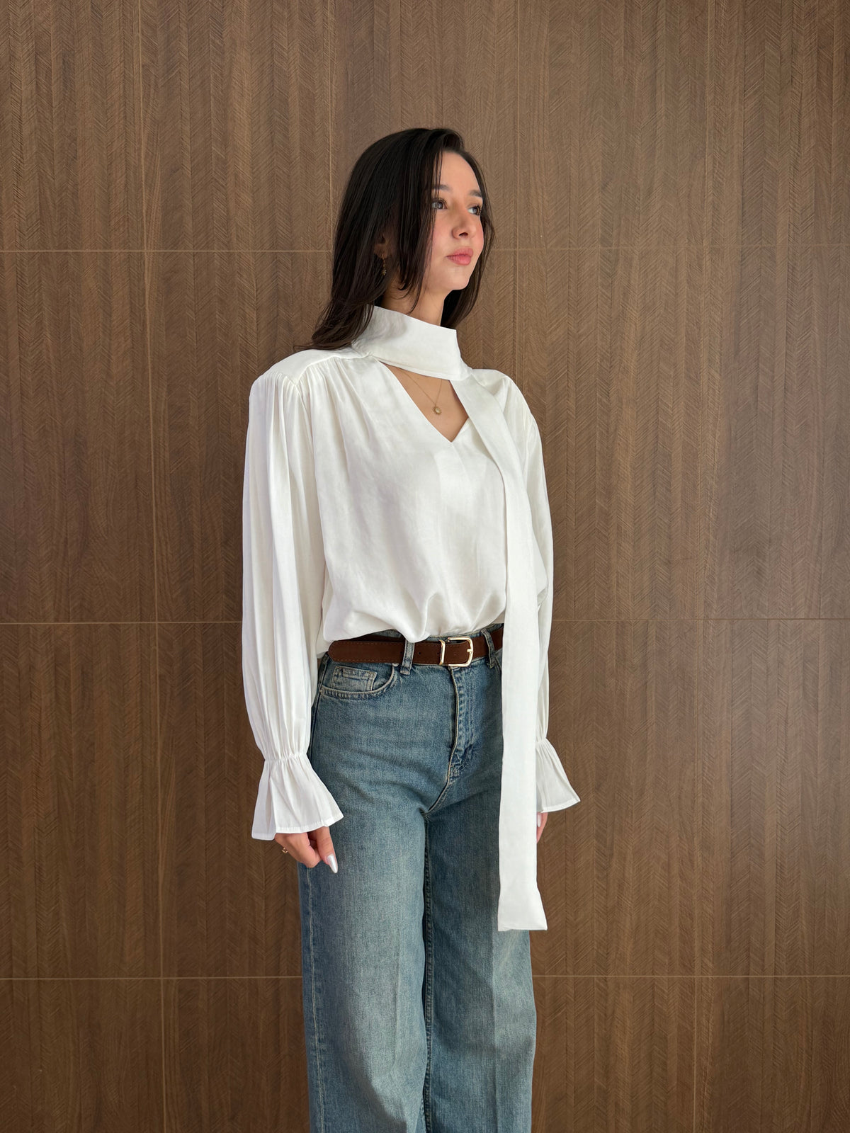 Fularlı Modal Bluz (Beyaz)