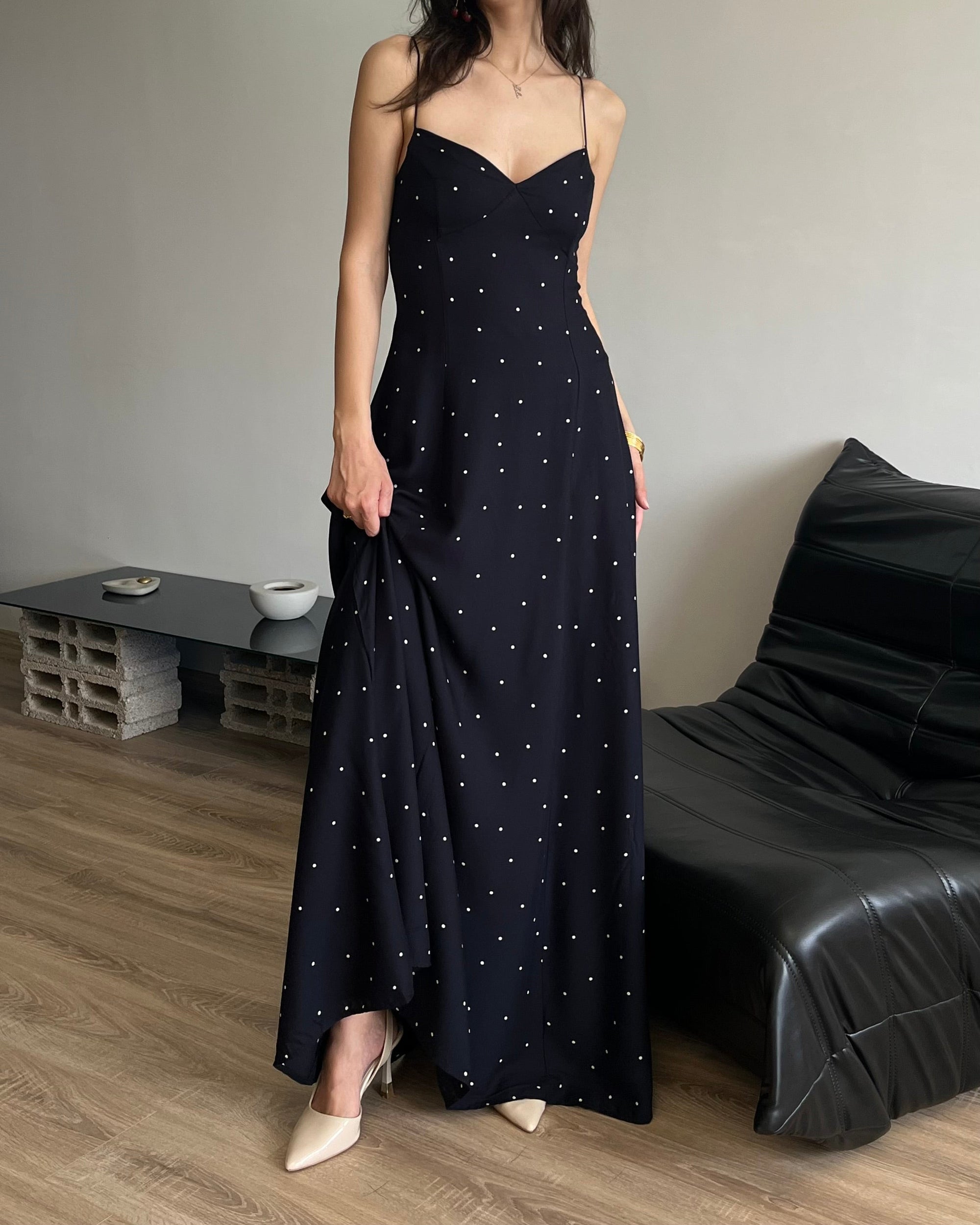 Puantiyeli Askılı Elbise (Lacivert)
