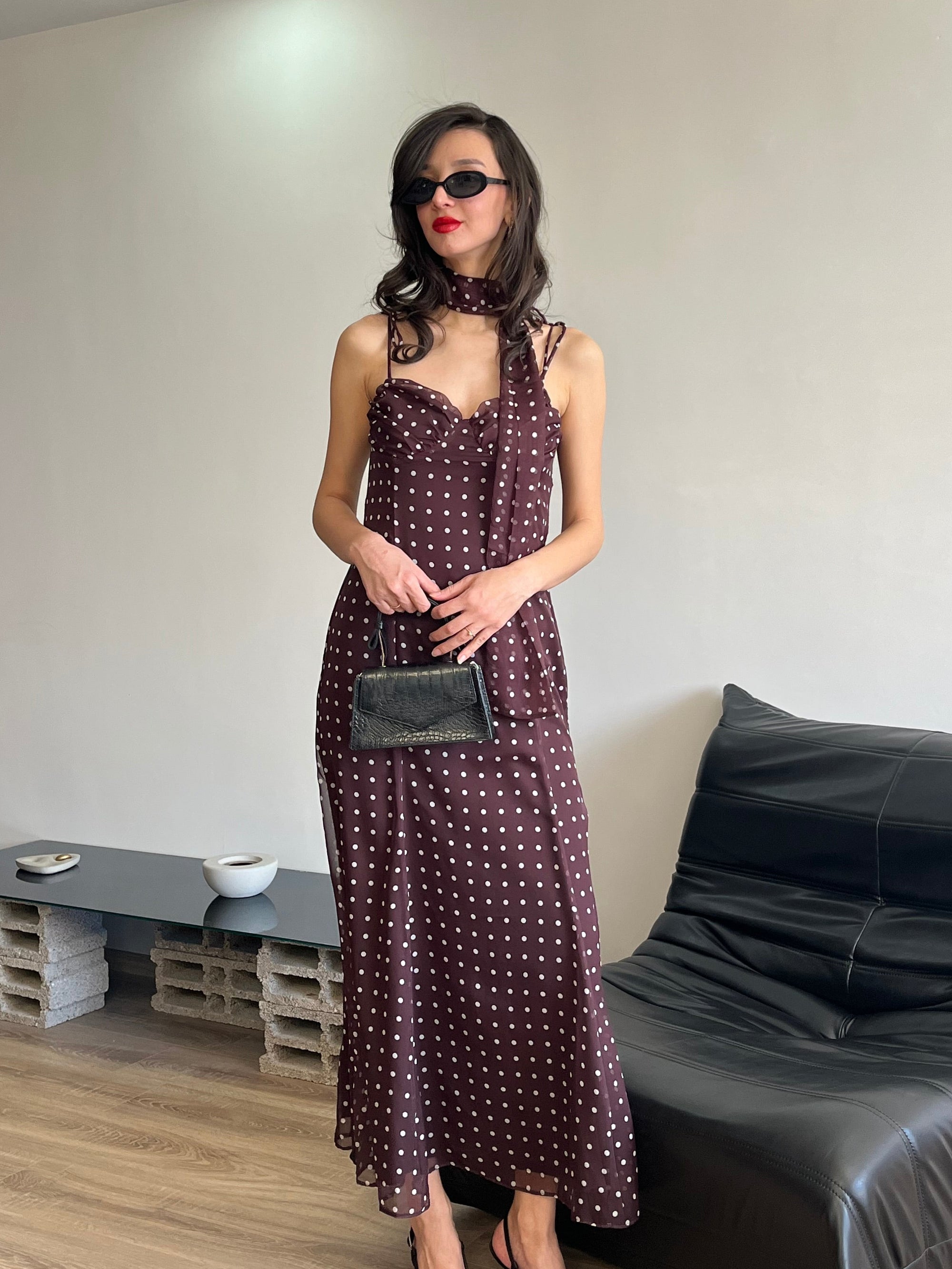 Şal Detaylı Puantiyeli Elbise