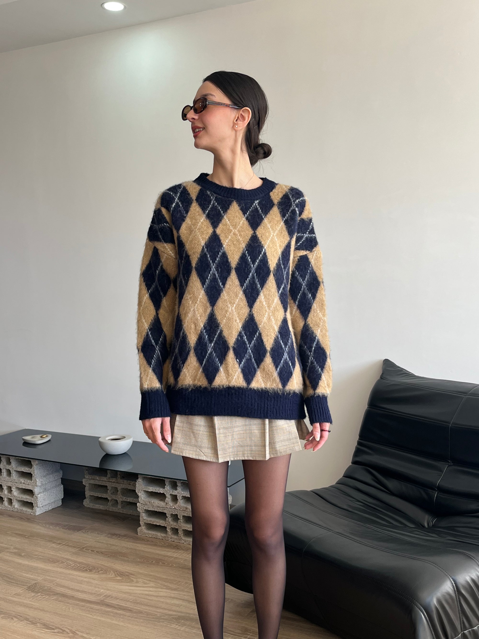 Baklava Desen Oversize Kazak (Lacivert)