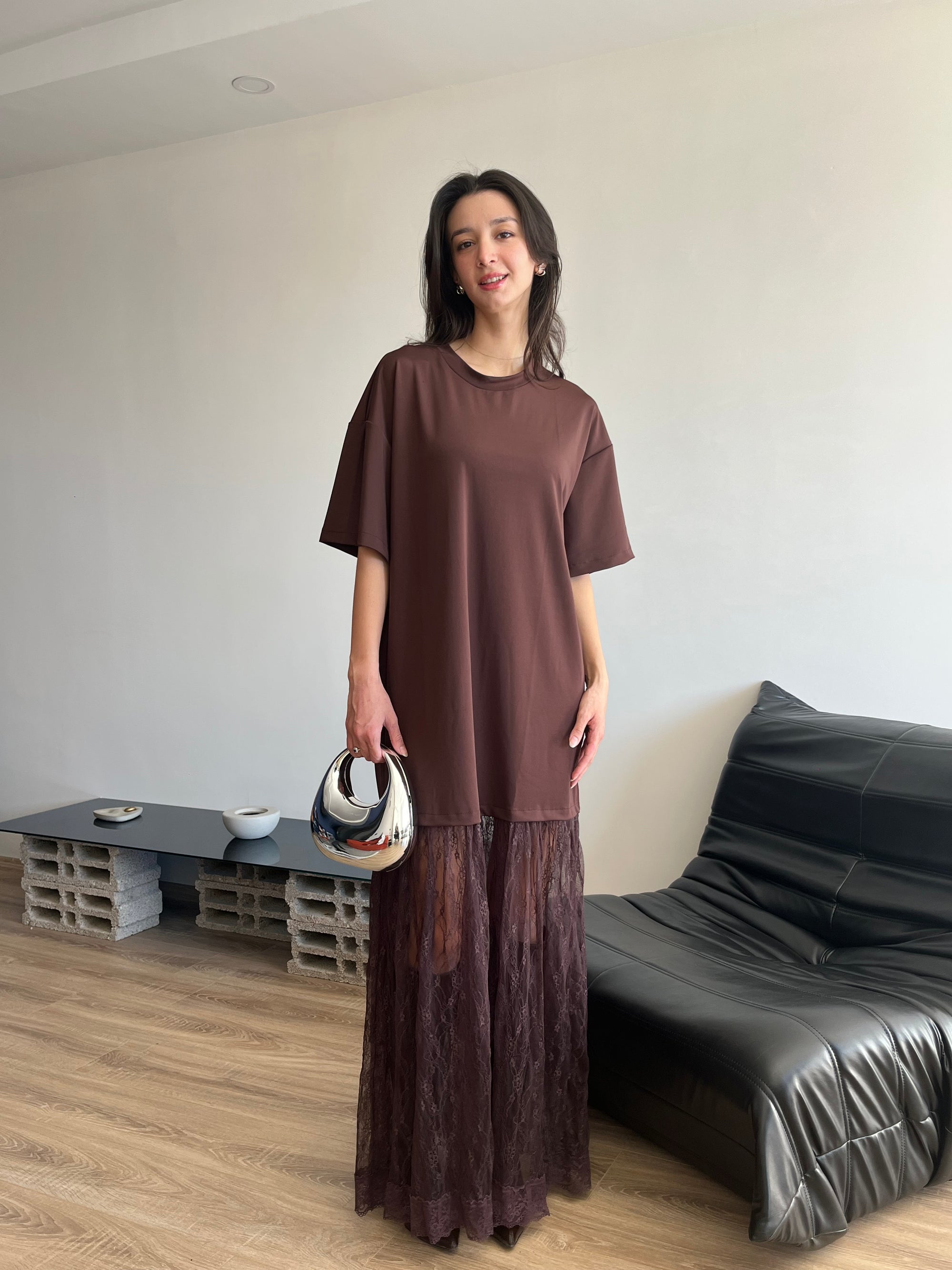 Dantel Garnili Oversize Elbise (kahverengi)