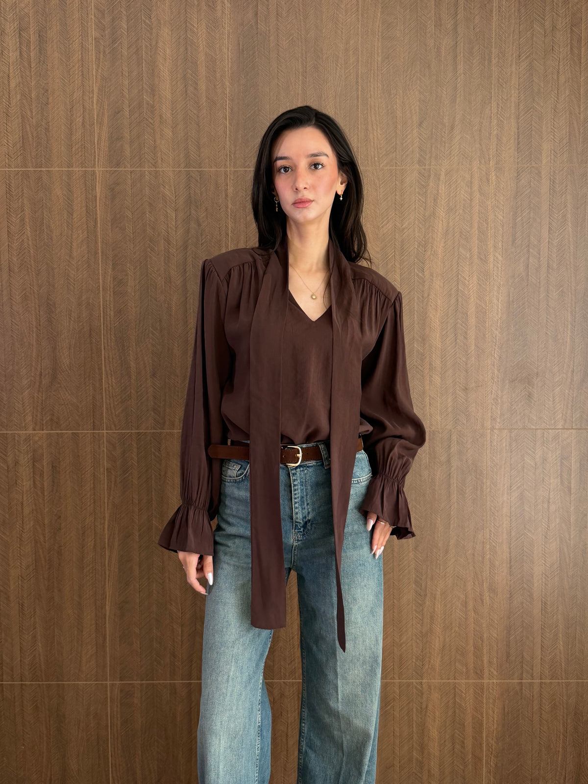 Fularlı Modal Bluz (Kahverengi)
