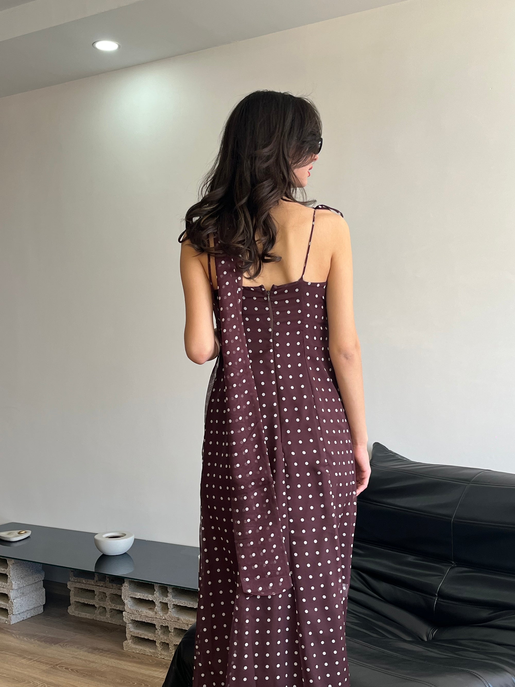 Şal Detaylı Puantiyeli Elbise