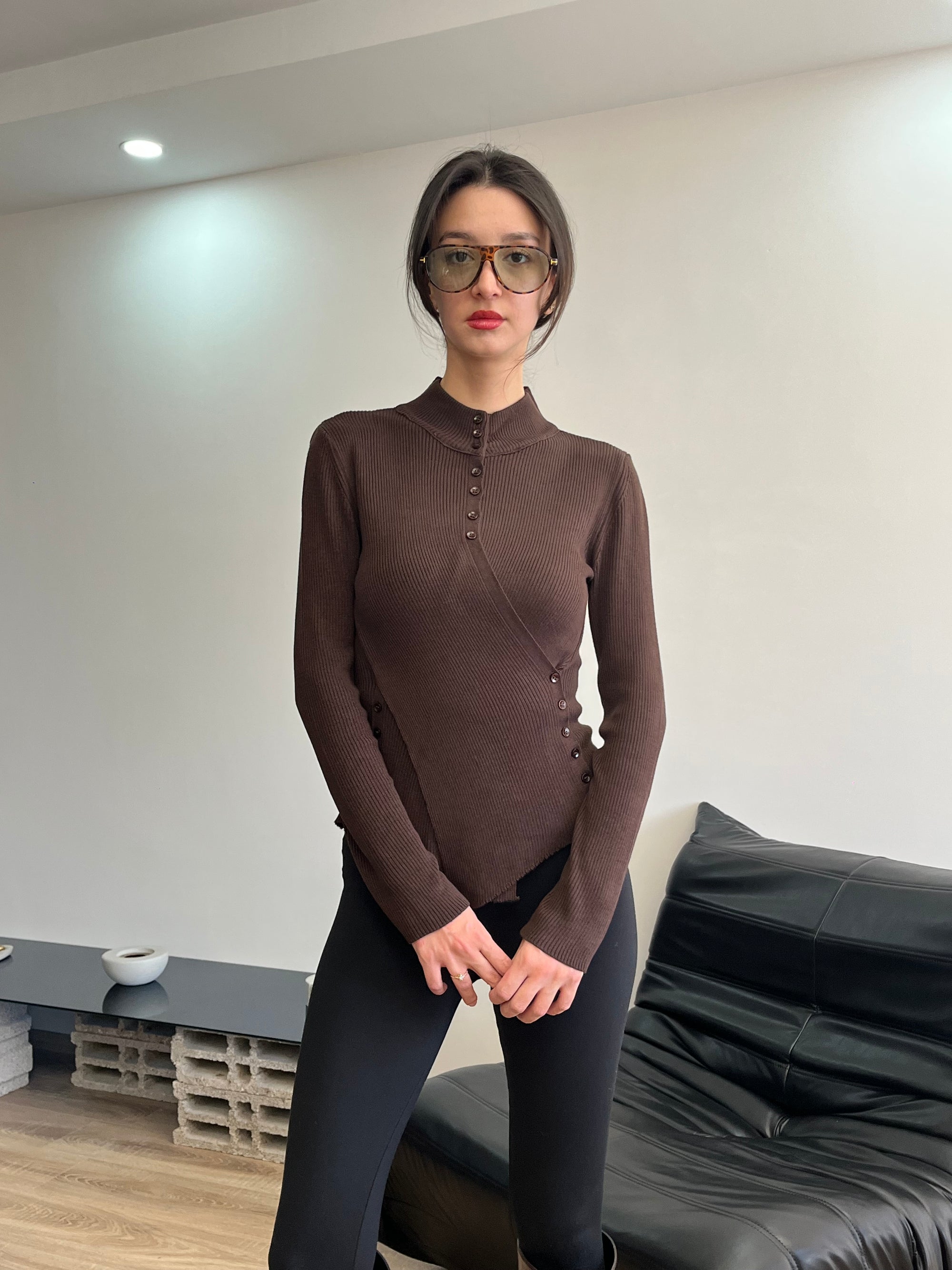 Asimetrik Kesim Fit Triko Bluz (kahverengi)