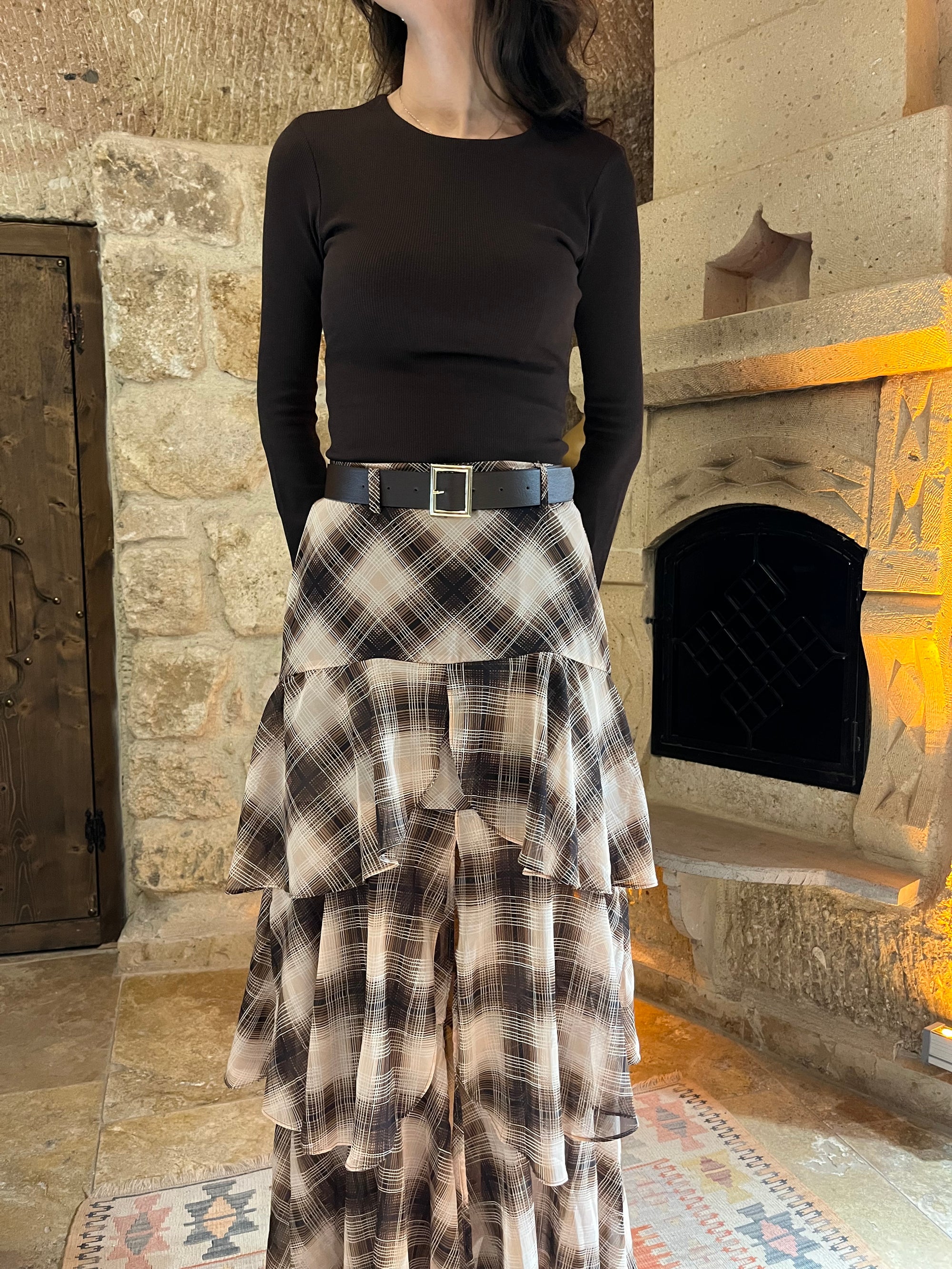 Fırfırlı Kemerli Ekose Desenli Şifon Etek