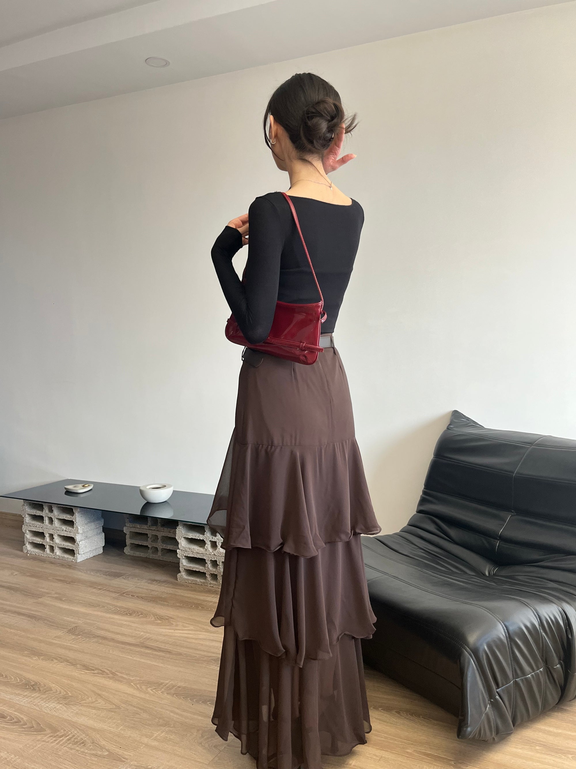 Fırfırlı Kemerli Şifon Etek (Kahverengi)