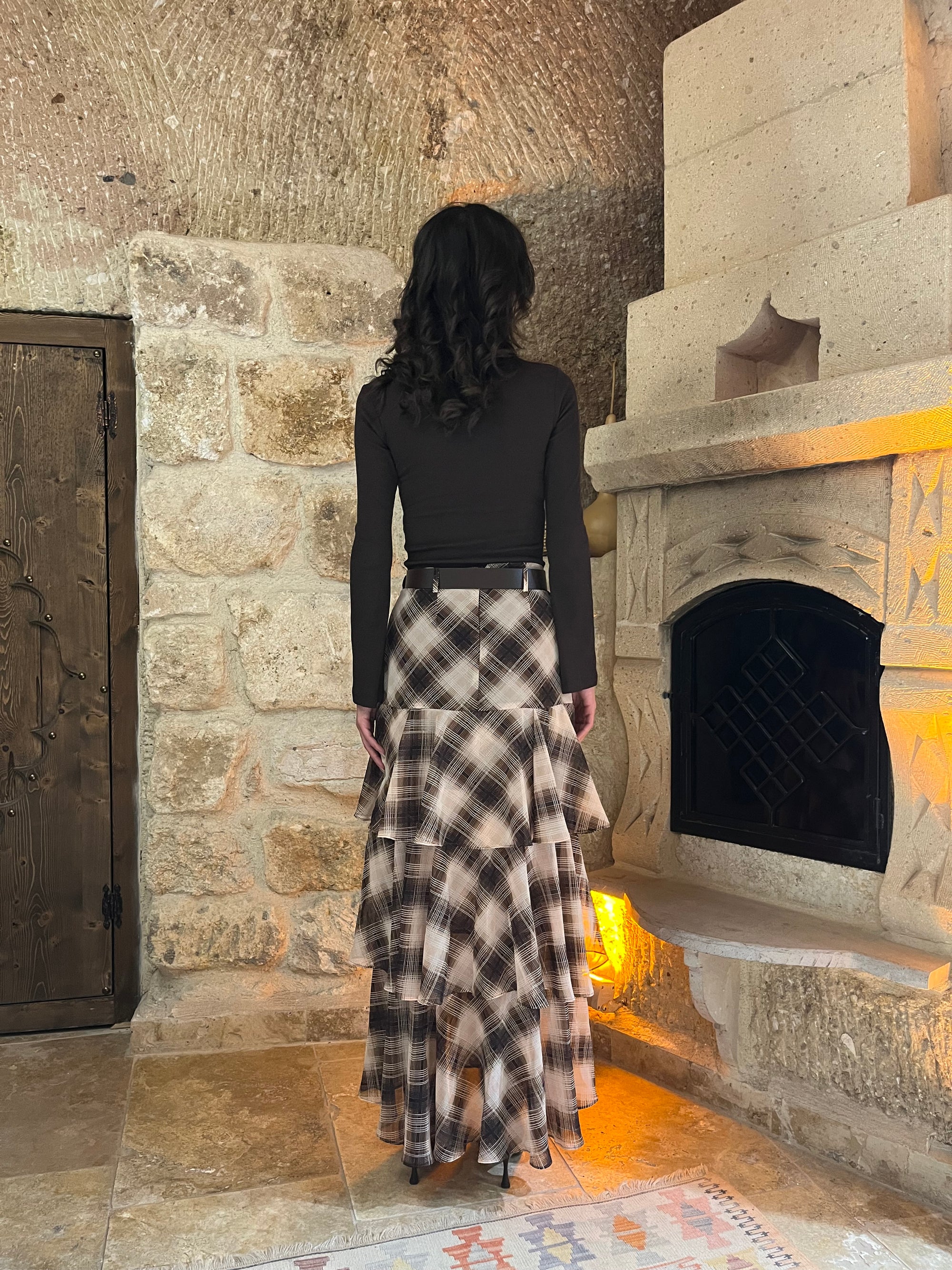 Fırfırlı Kemerli Ekose Desenli Şifon Etek