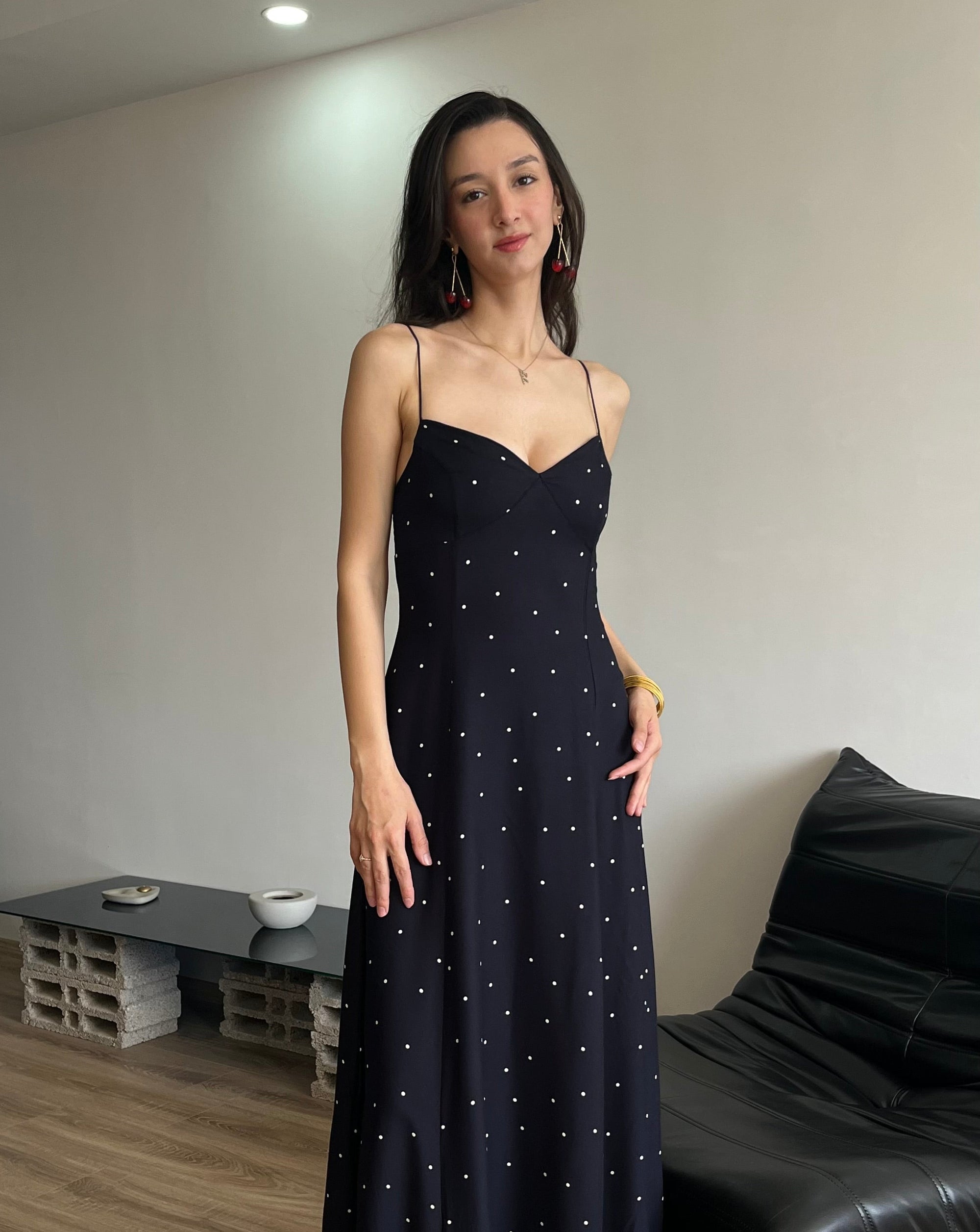 Puantiyeli Askılı Elbise (Lacivert)