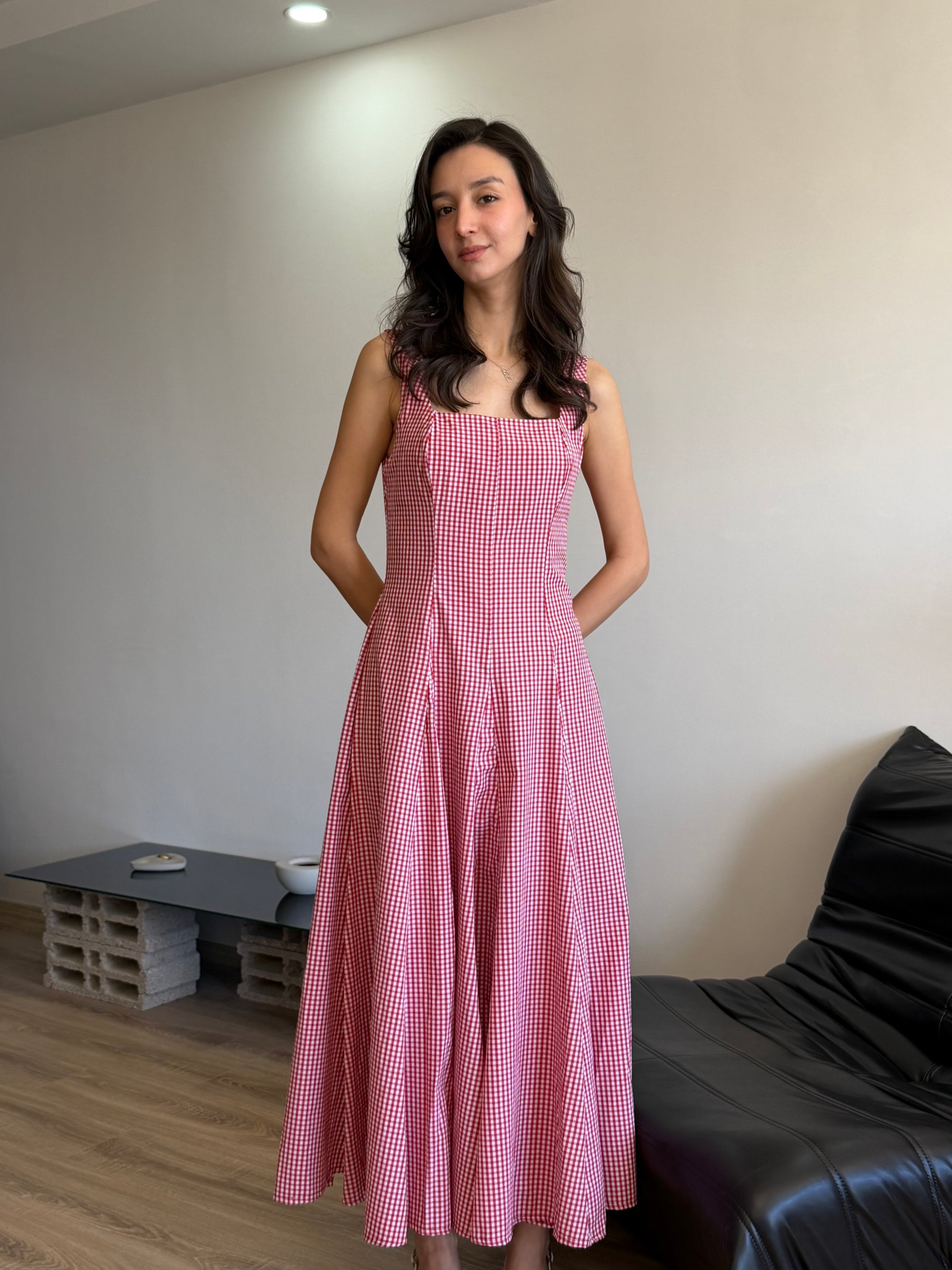 Kare yaka Askılı Kare Desen Elbise (Kırmızı)