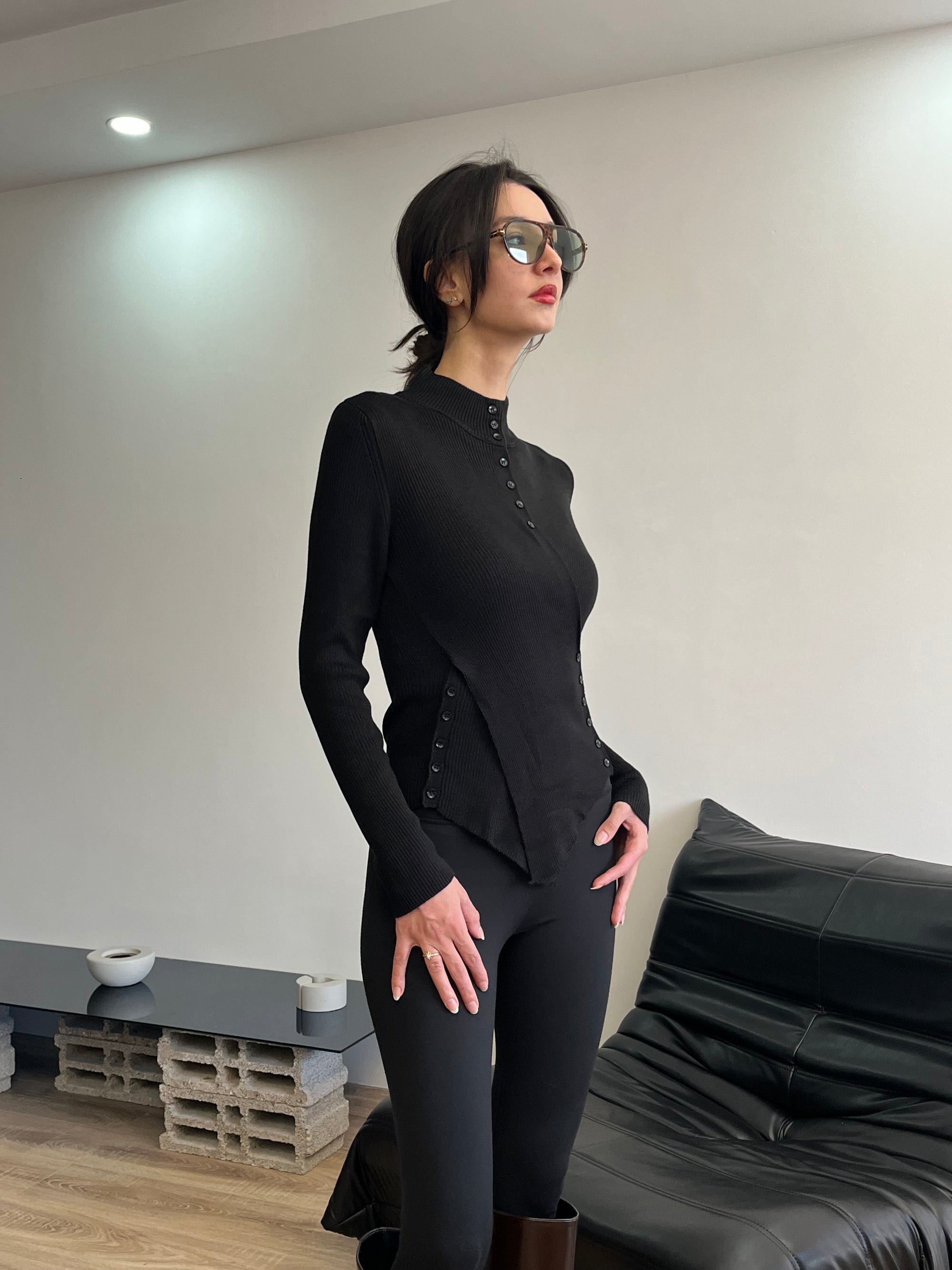 Asimetrik Kesim Fit Triko Bluz (siyah)