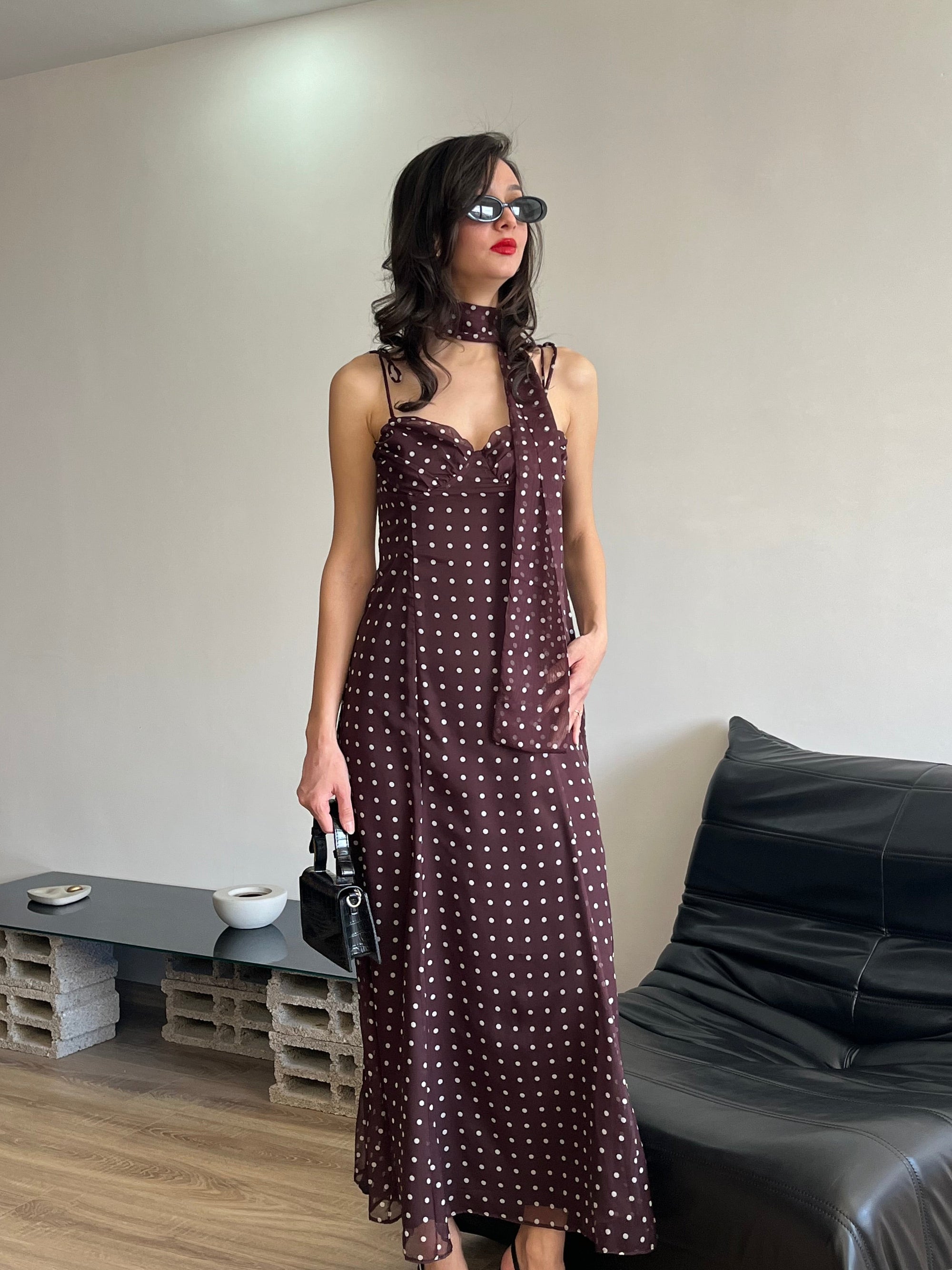 Şal Detaylı Puantiyeli Elbise