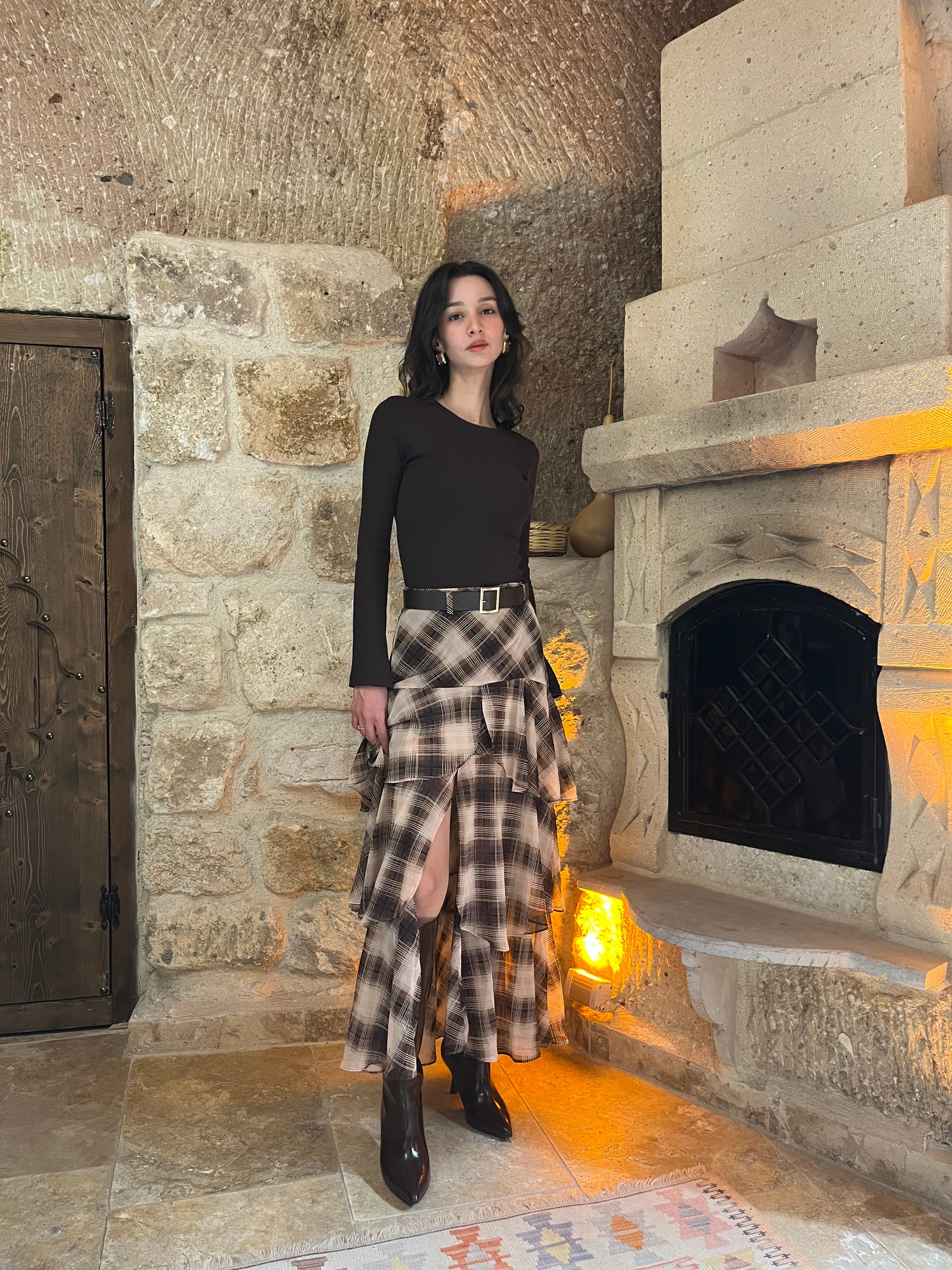 Fırfırlı Kemerli Ekose Desenli Şifon Etek