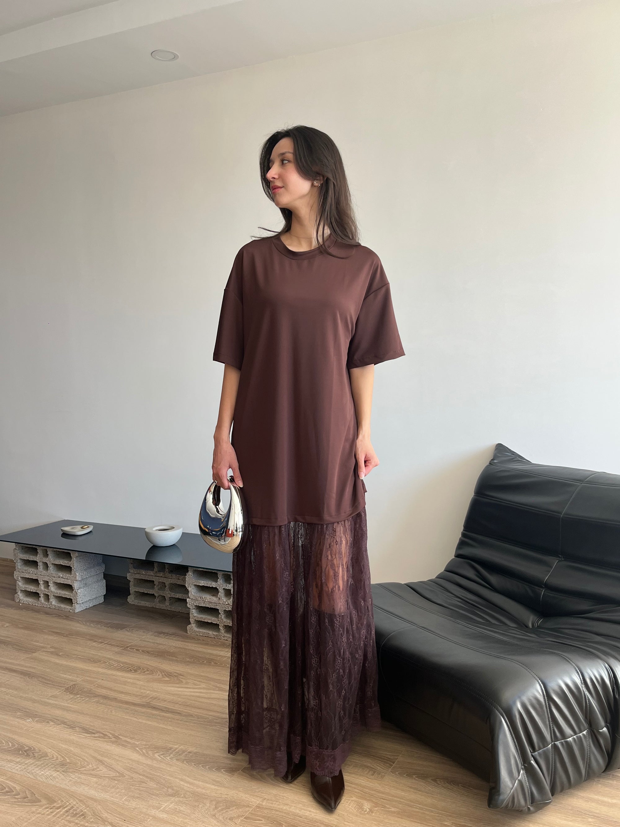 Dantel Garnili Oversize Elbise (kahverengi)