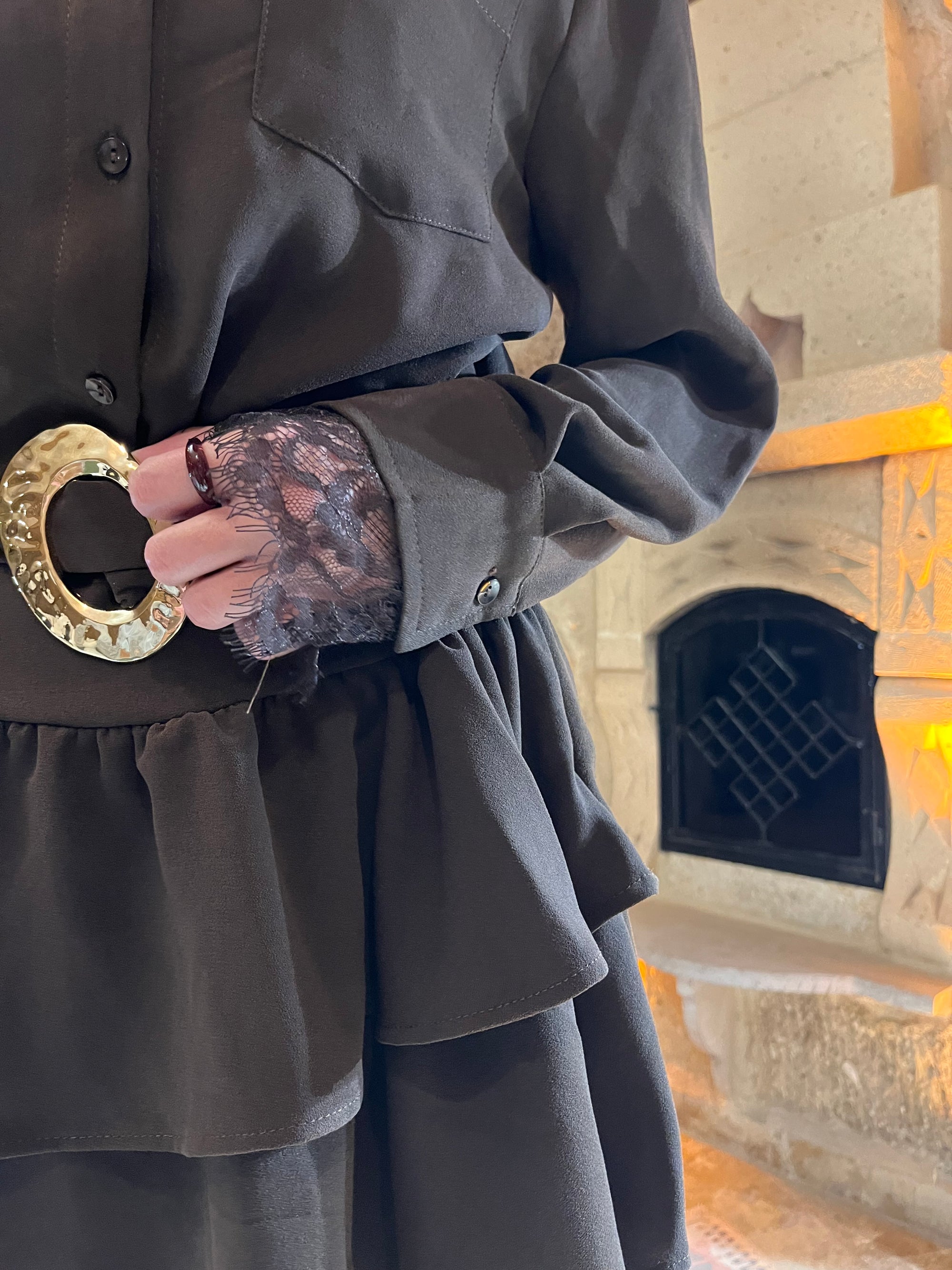 Dantel Detaylı Kemerli Mini Elbise (kahverengi)