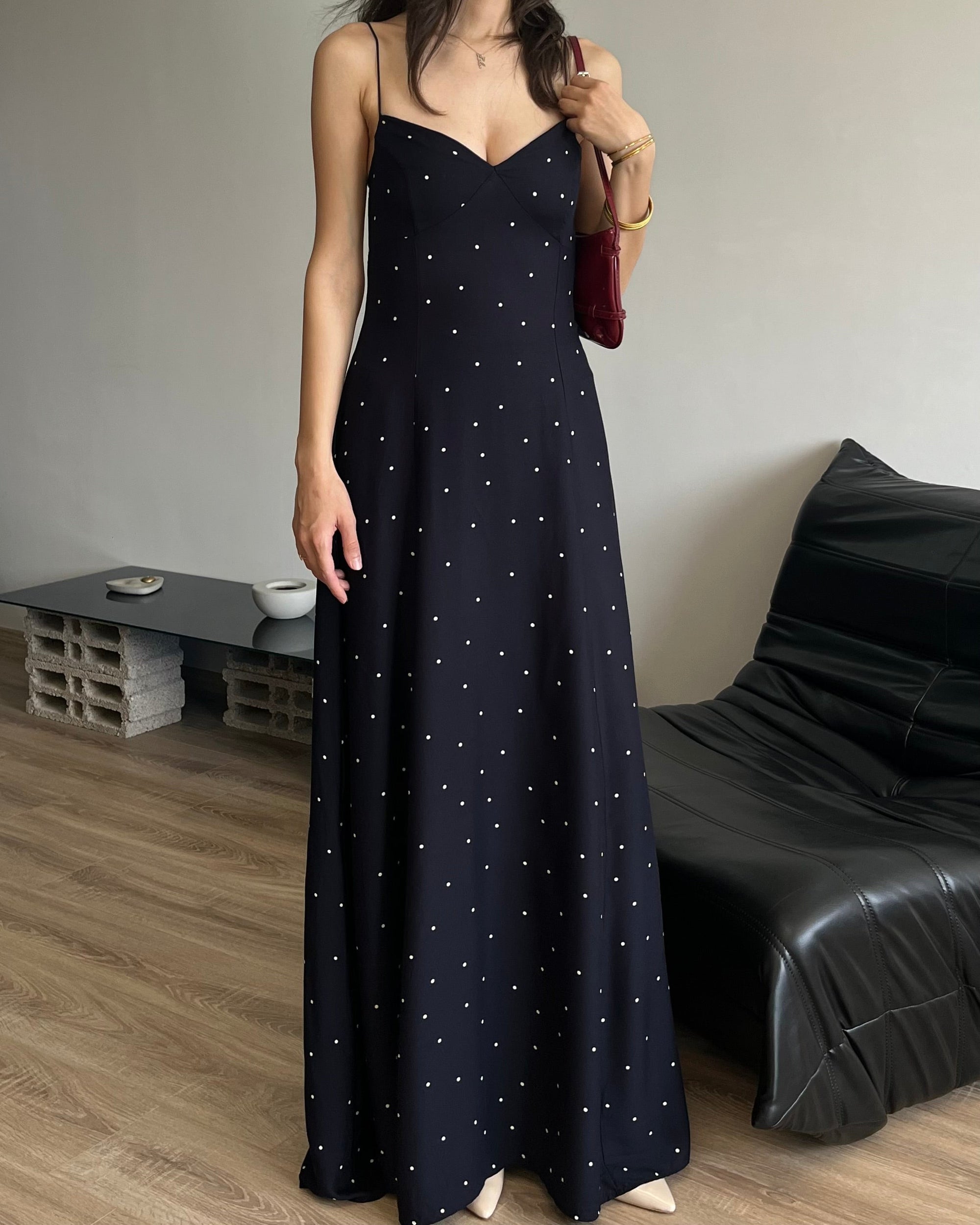 Puantiyeli Askılı Elbise (Lacivert)