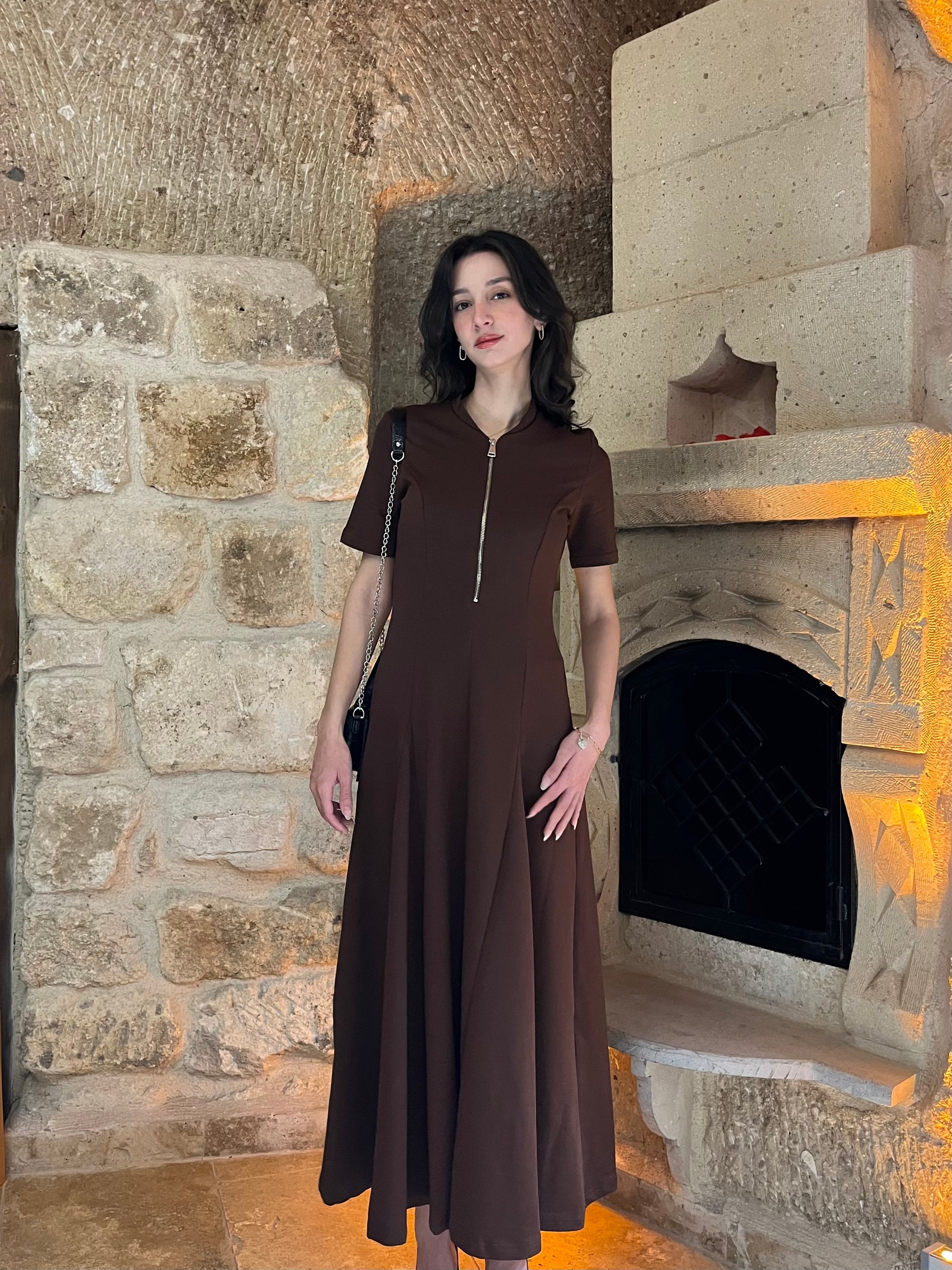 Premium Fermuarlı Elbise (kahverengi)