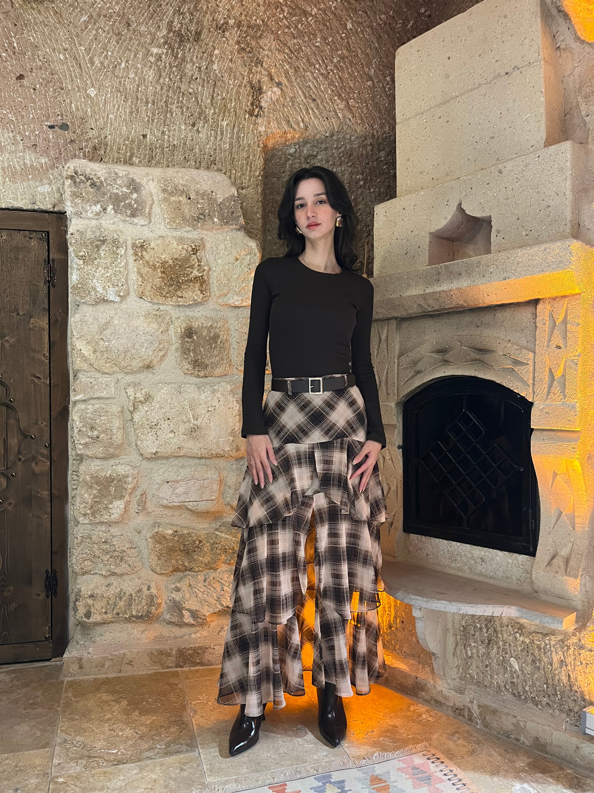 Fırfırlı Kemerli Ekose Desenli Şifon Etek