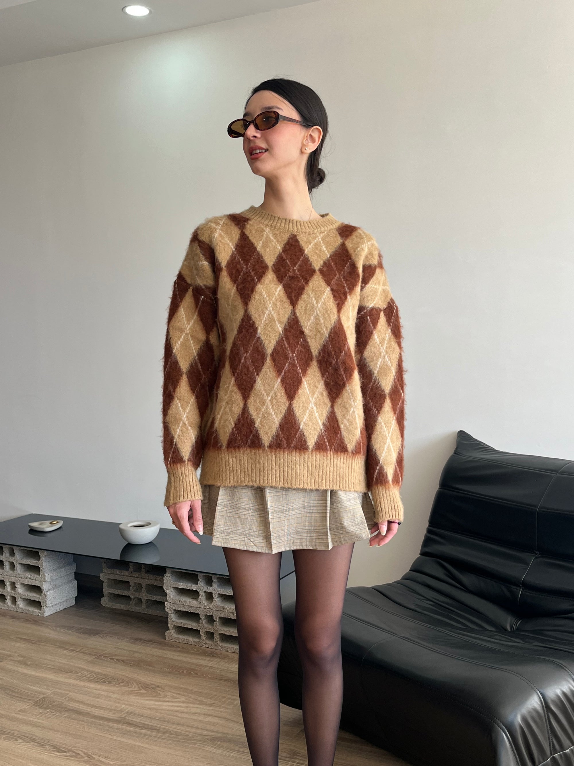 Baklava Desen sakallı Oversize Kazak (Kahverengi)