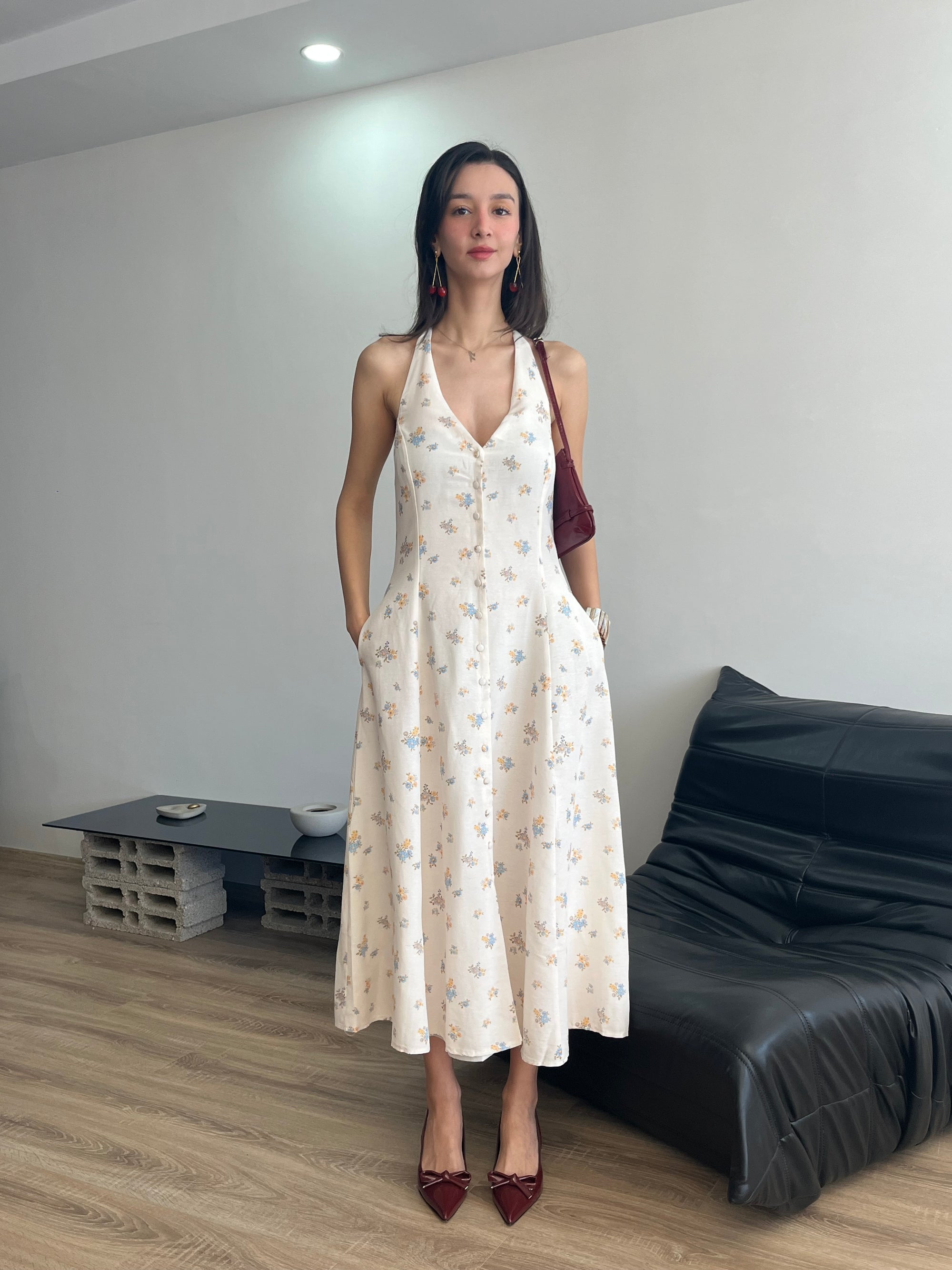 Düğmeli Çiçek Desen Elbise