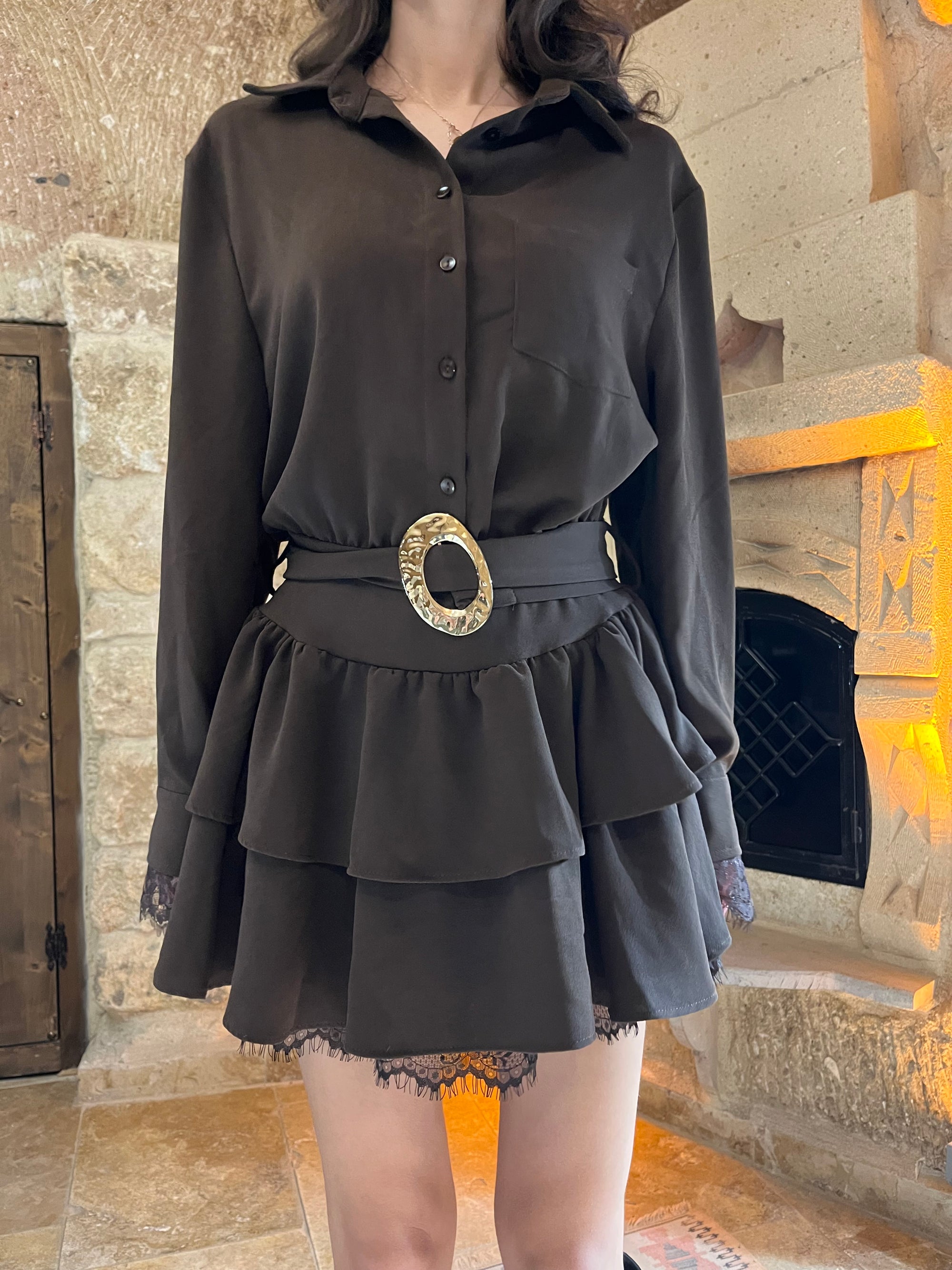 Dantel Detaylı Kemerli Mini Elbise (kahverengi)