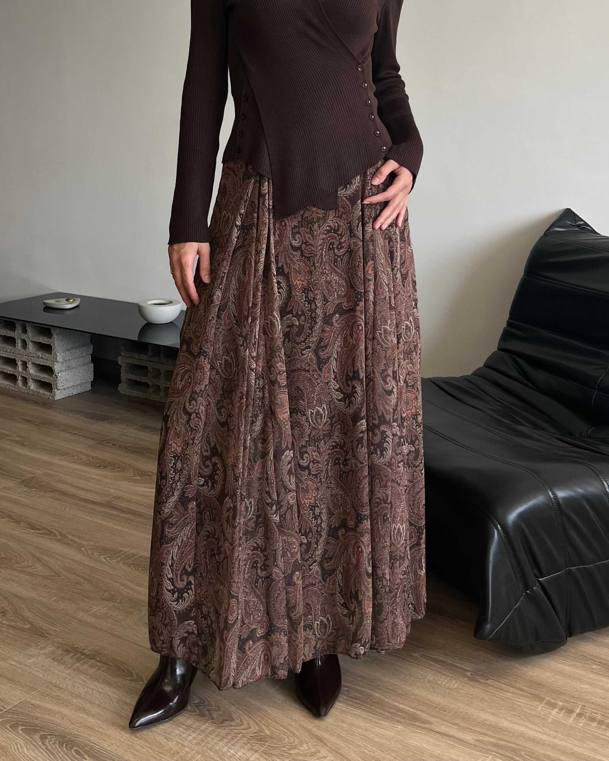 Etnik Desen Astarlı Şifon Etek (Kahverengi)