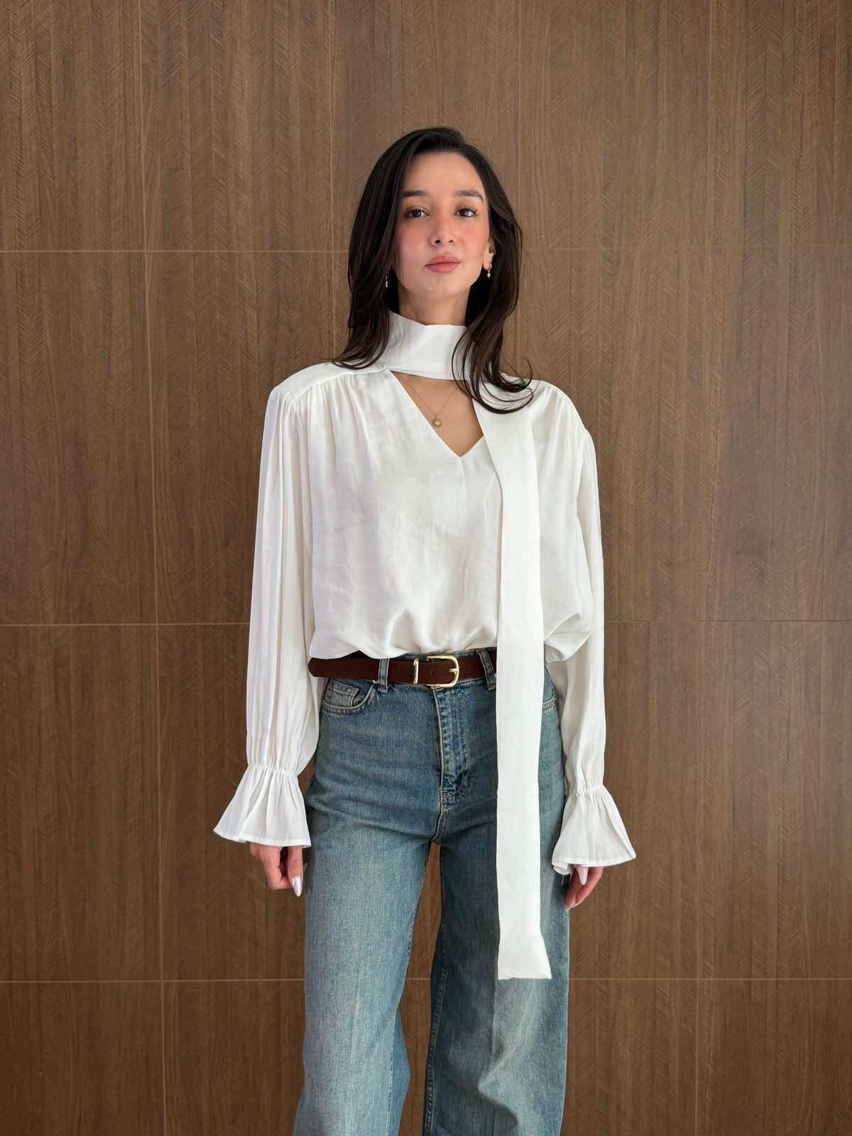 Fularlı Modal Bluz (Beyaz)
