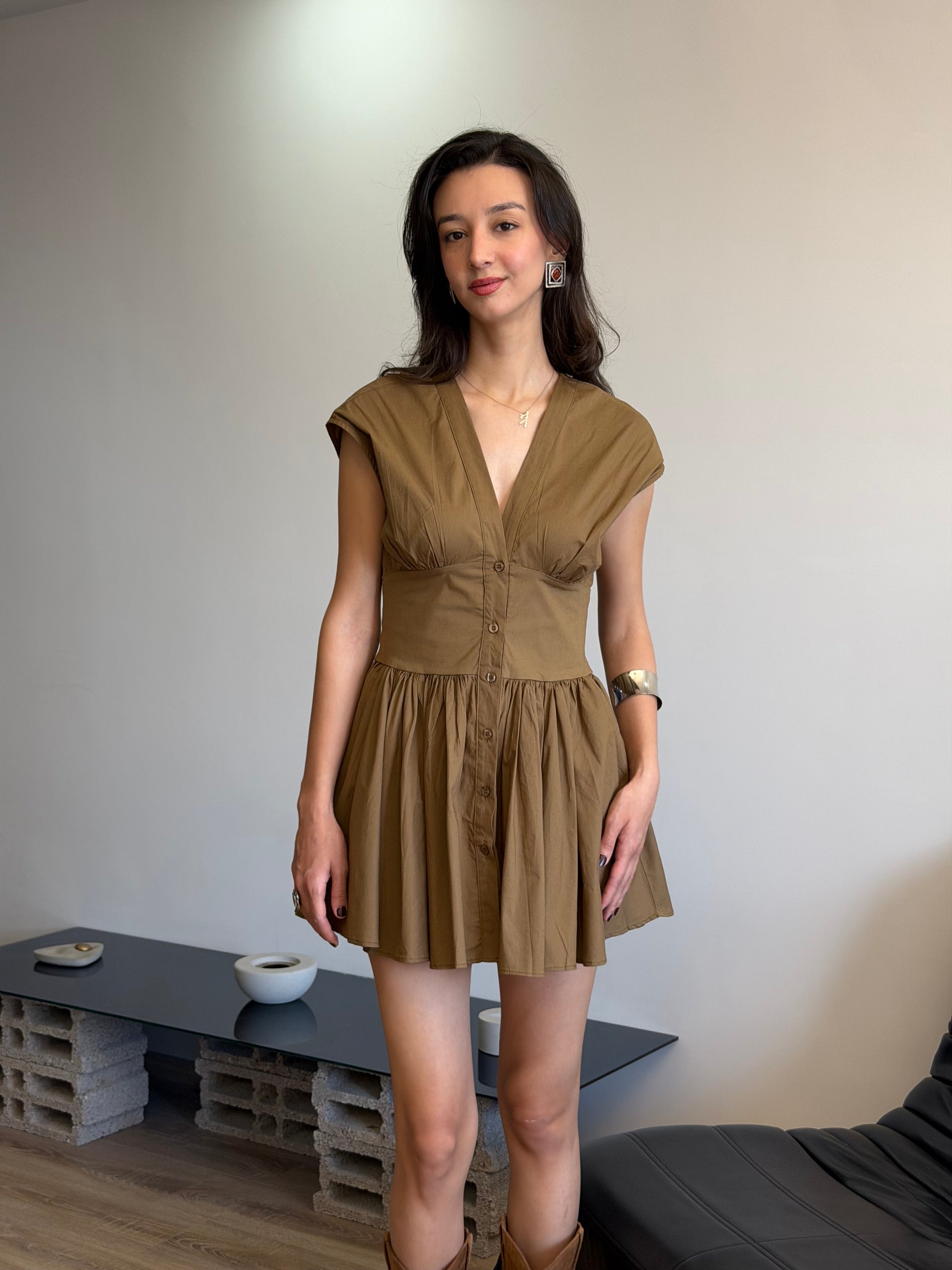 Poplin Kloş Mini Elbise (Haki)