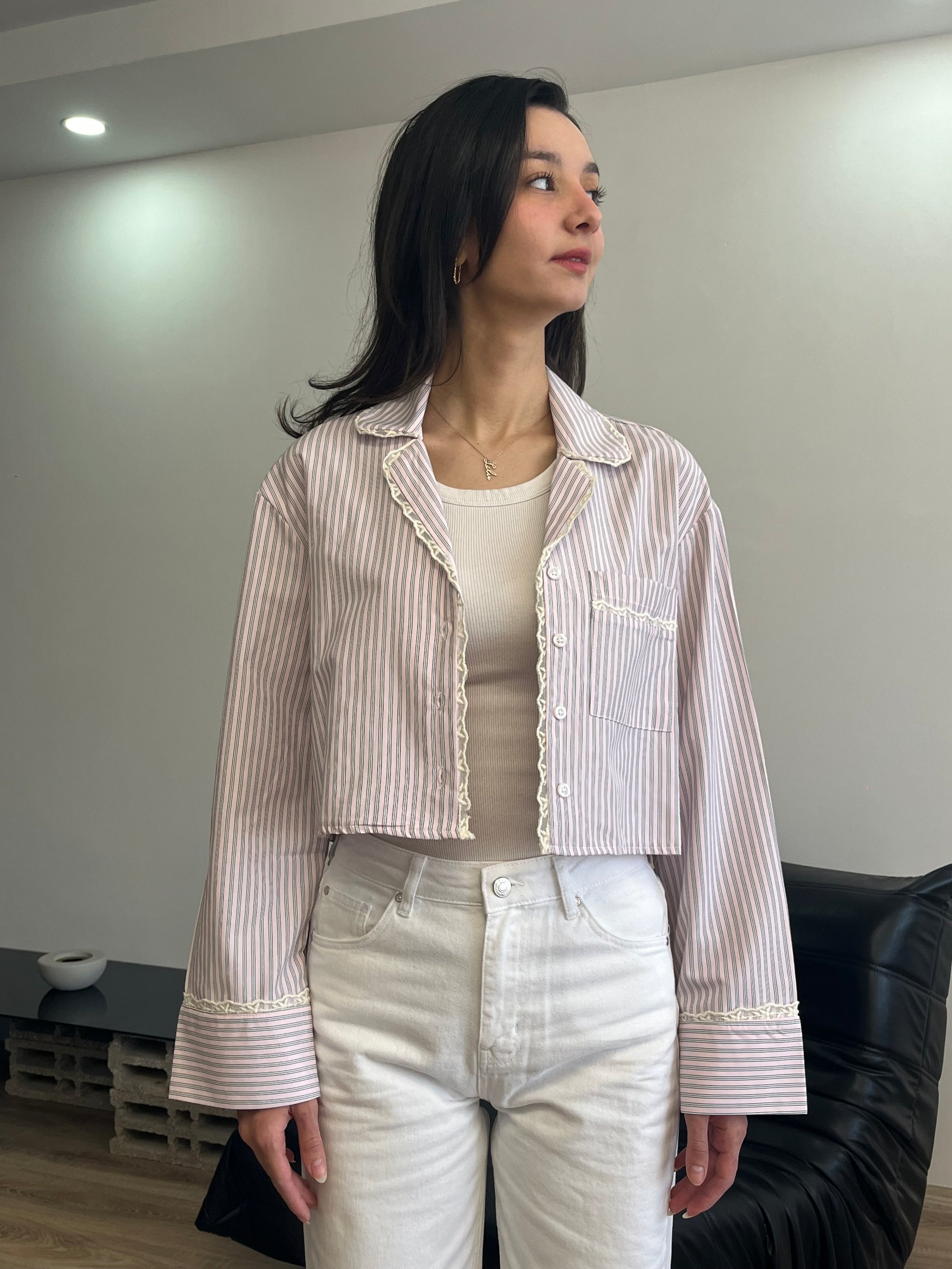 Çizgili Crop Gömlek (Toz Pembe)