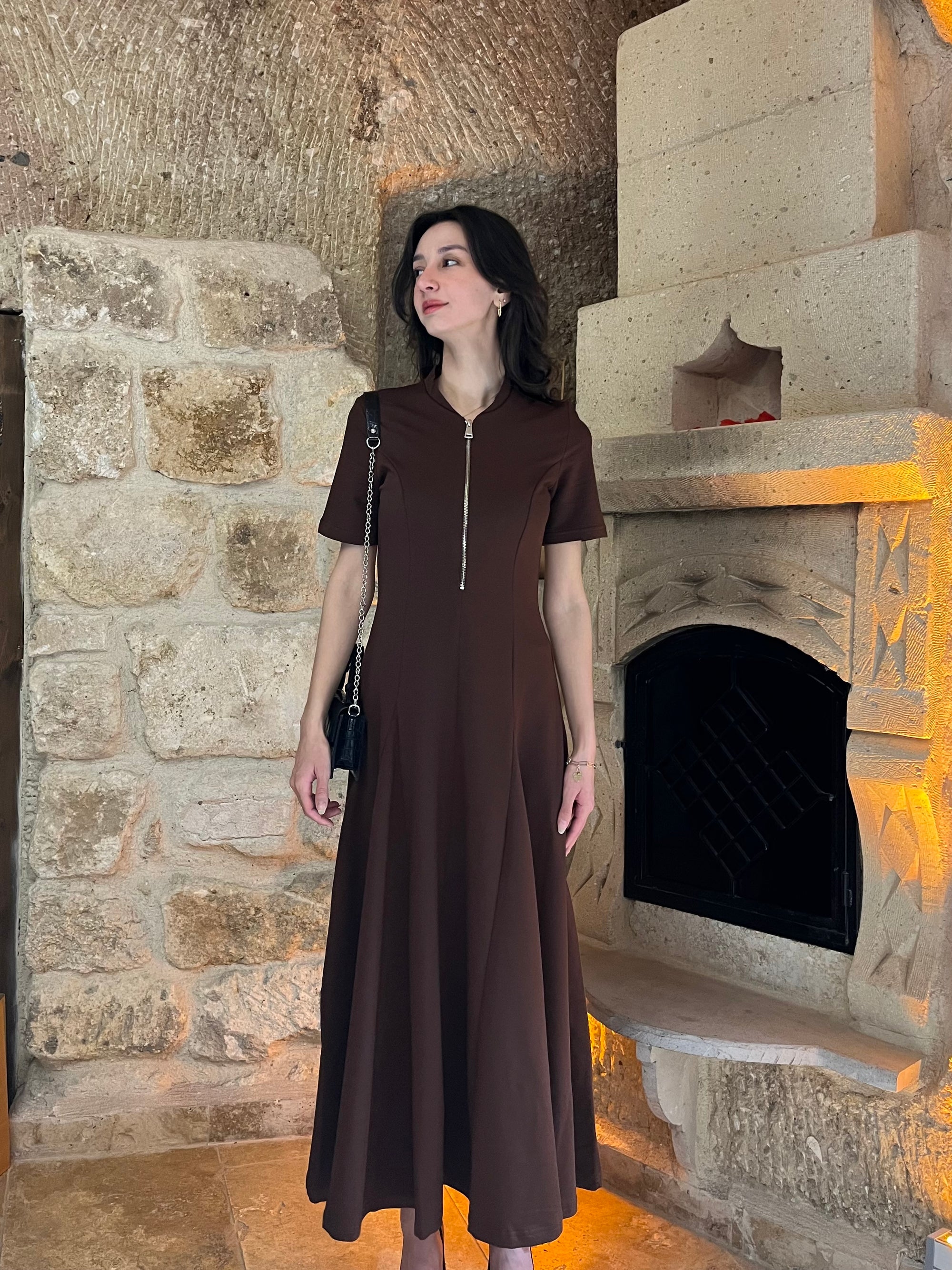 Premium Fermuarlı Elbise (kahverengi)