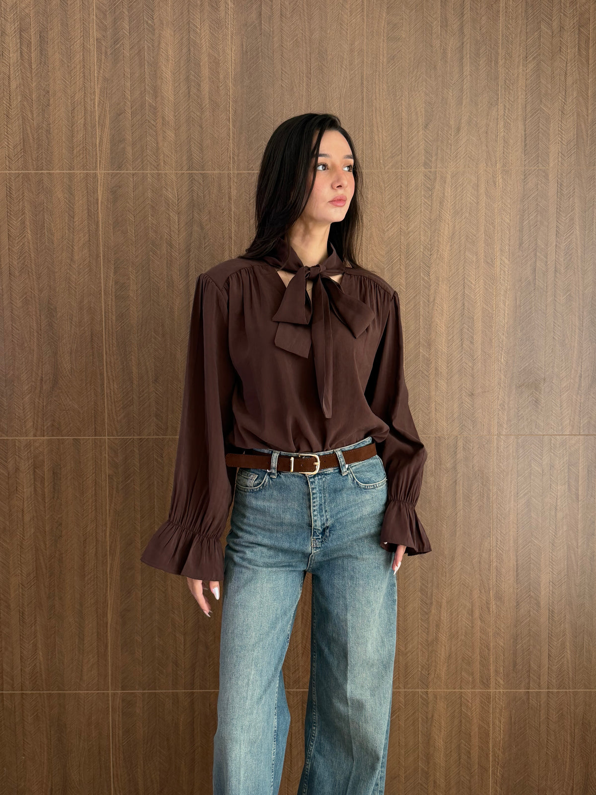 Fularlı Modal Bluz (Kahverengi)