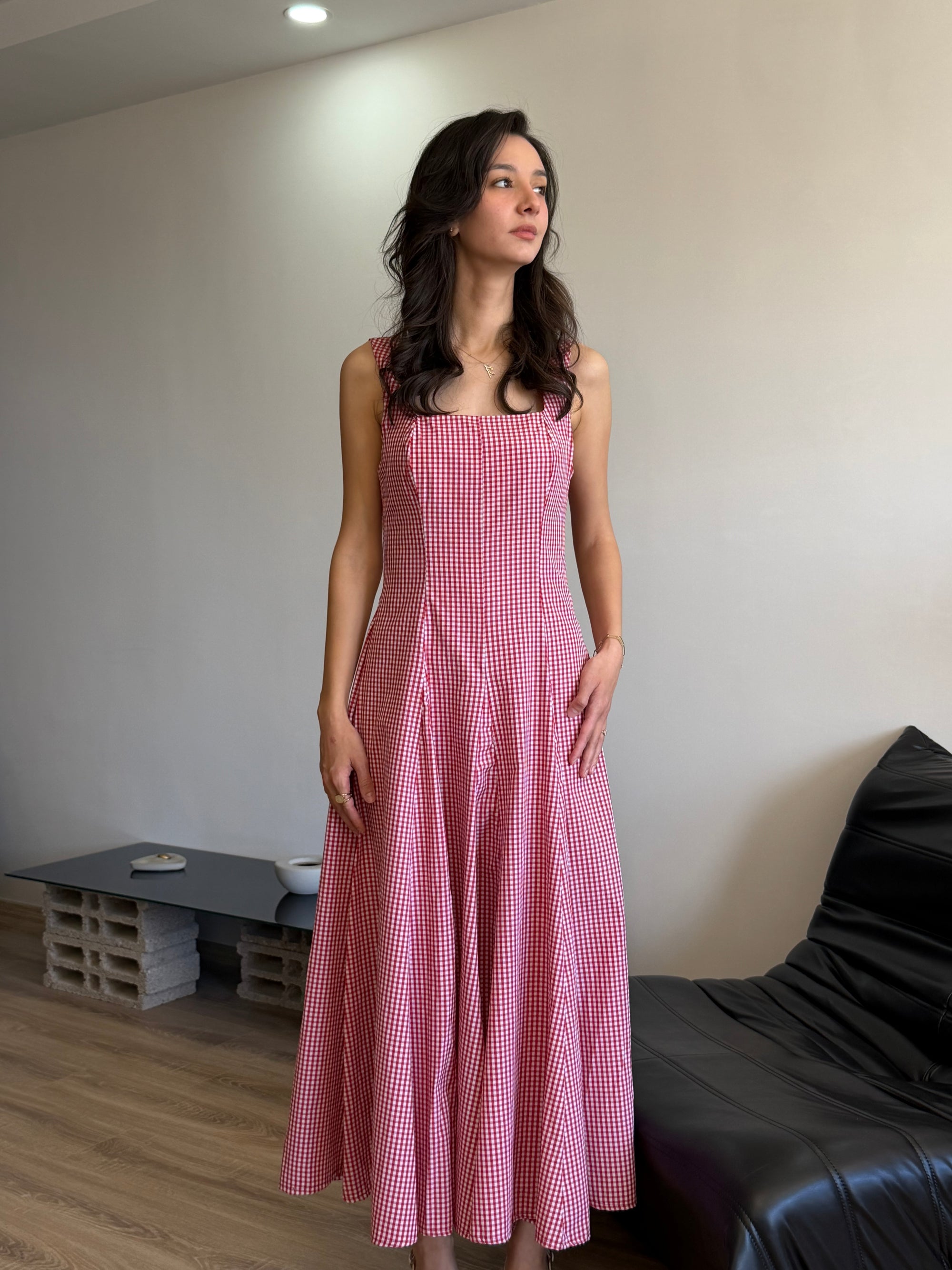 Kare yaka Askılı Kare Desen Elbise (Kırmızı)