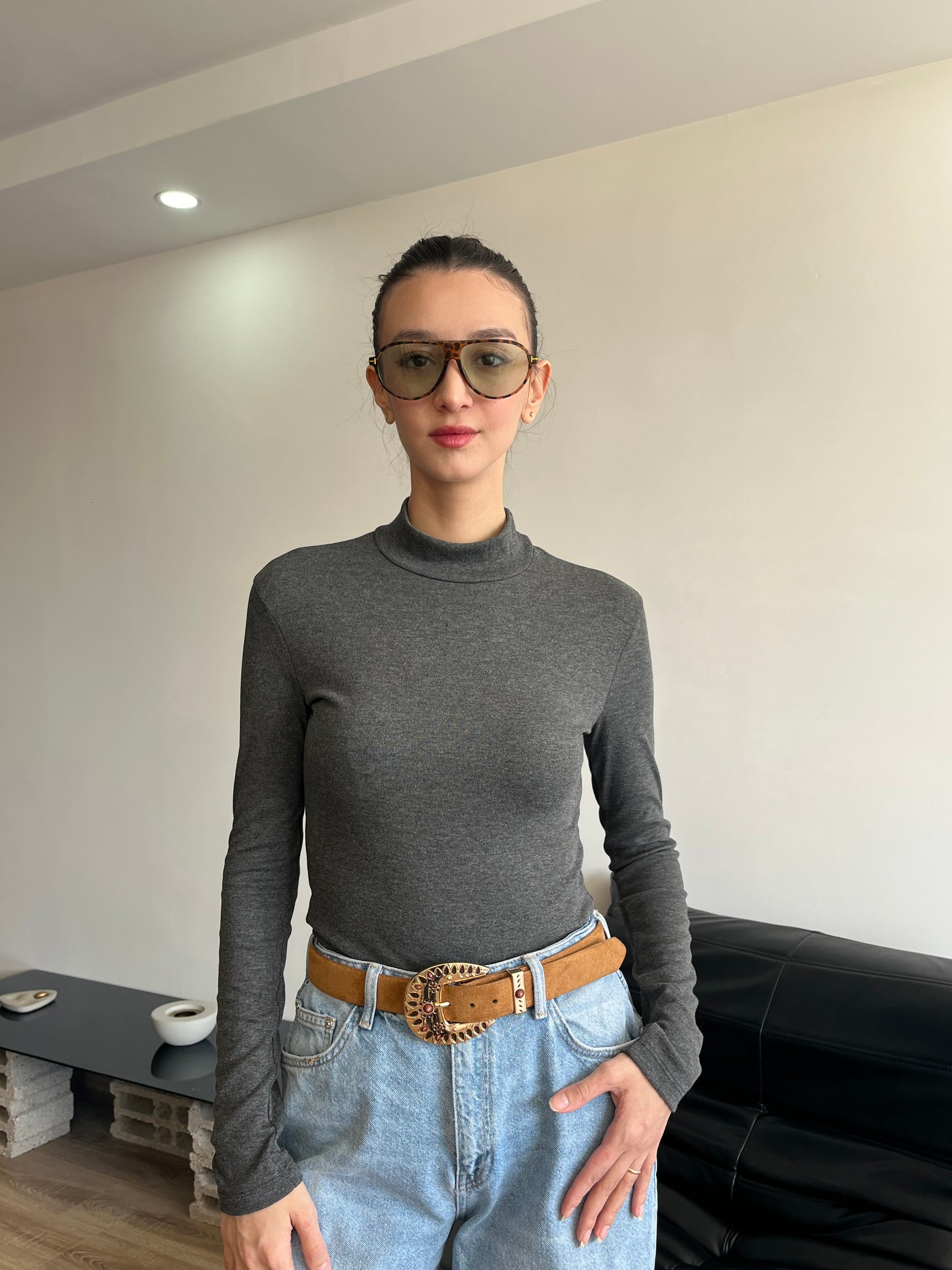 Balıkçı Yaka Bluz (Gri)