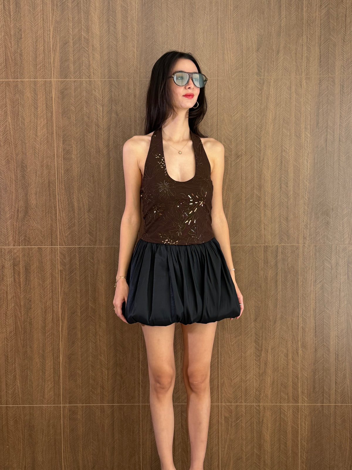 Halter Yaka Crop Bluz (Kahverengi)