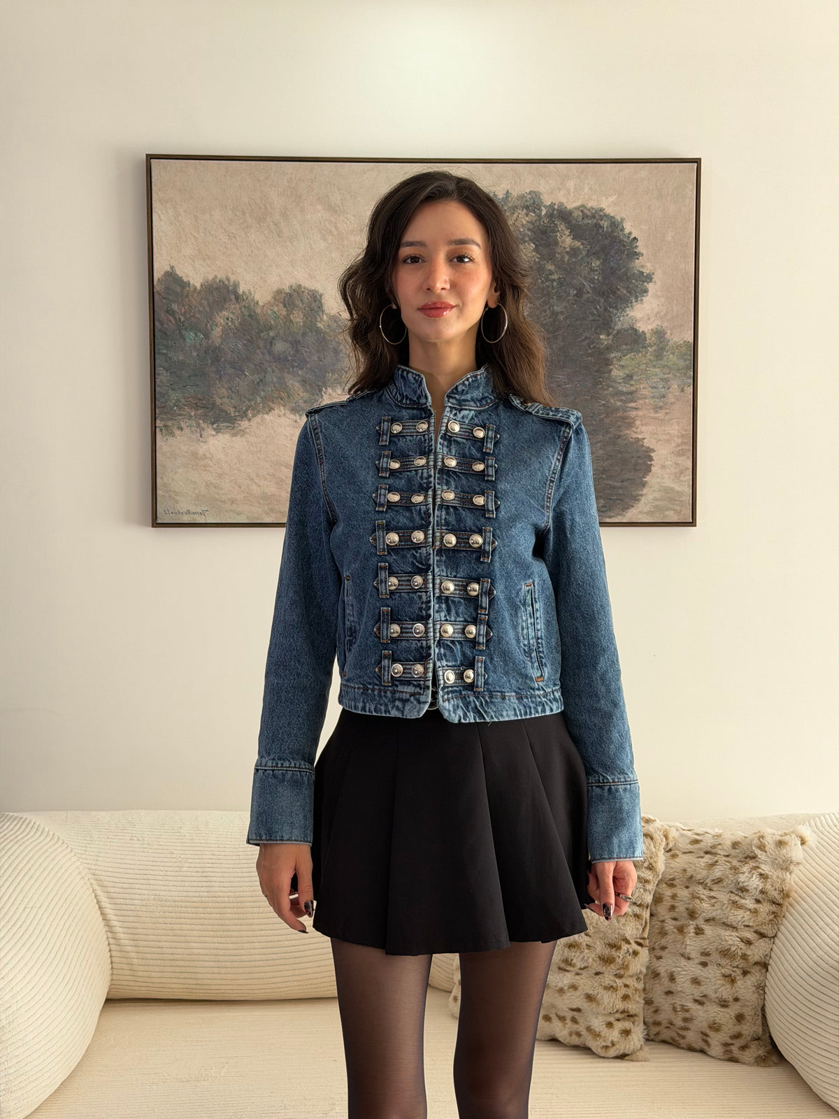 Dik Yaka Düğmeli Napolyon Denim Ceket
