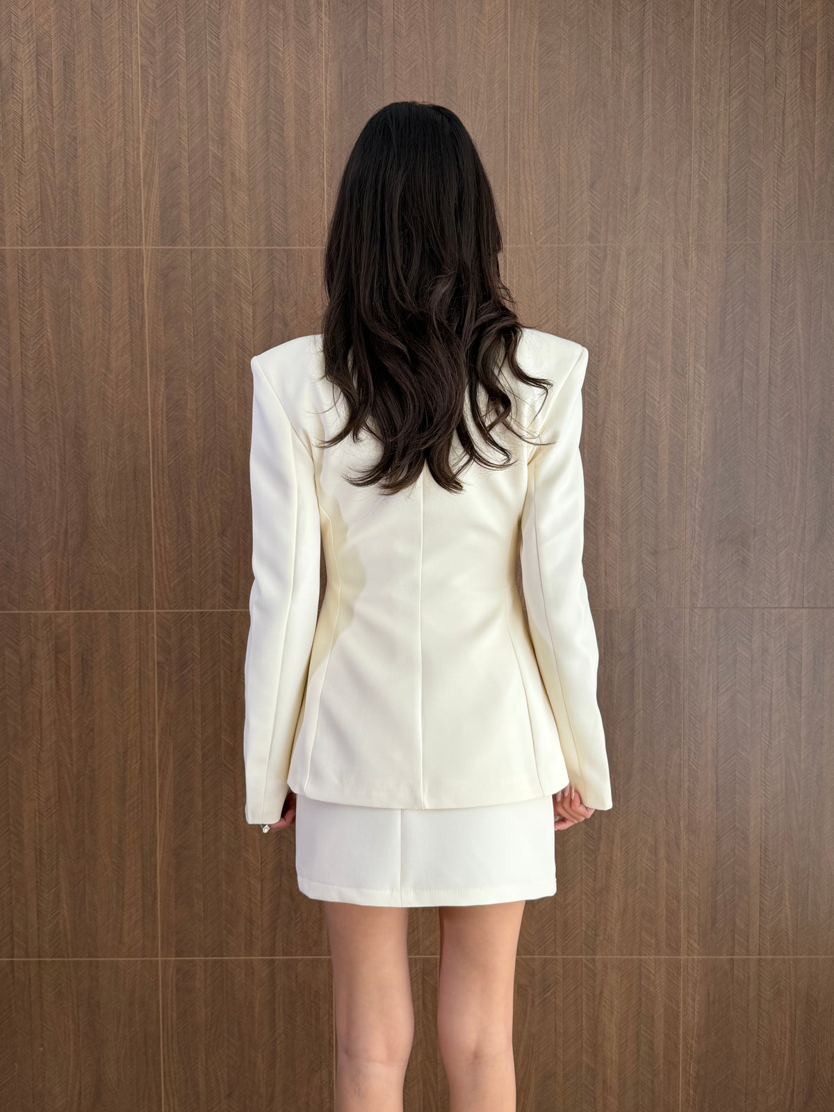 Yakası Fularlı Blazer Etek Takım (Ekru)