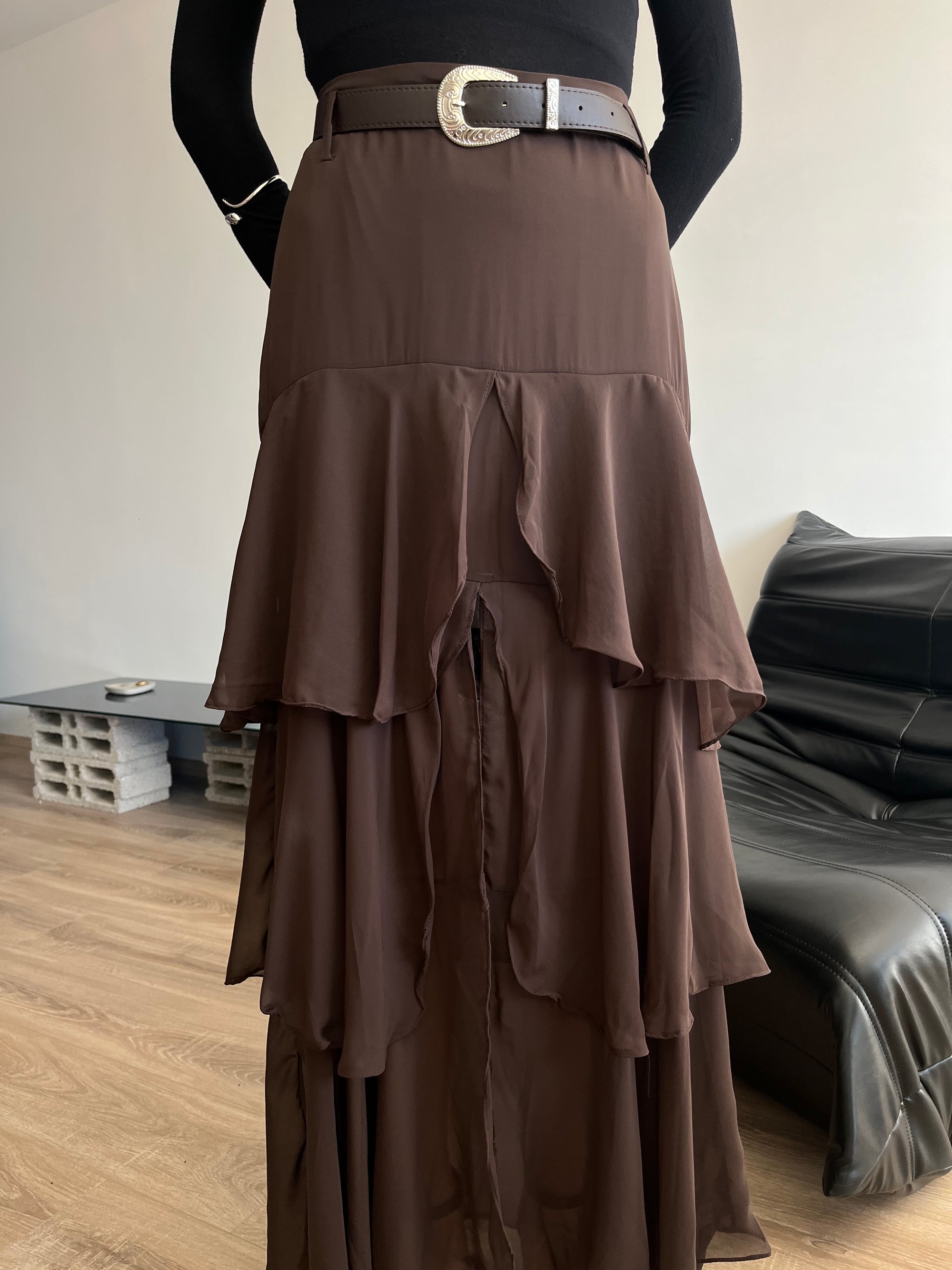 Fırfırlı Kemerli Şifon Etek (Kahverengi)