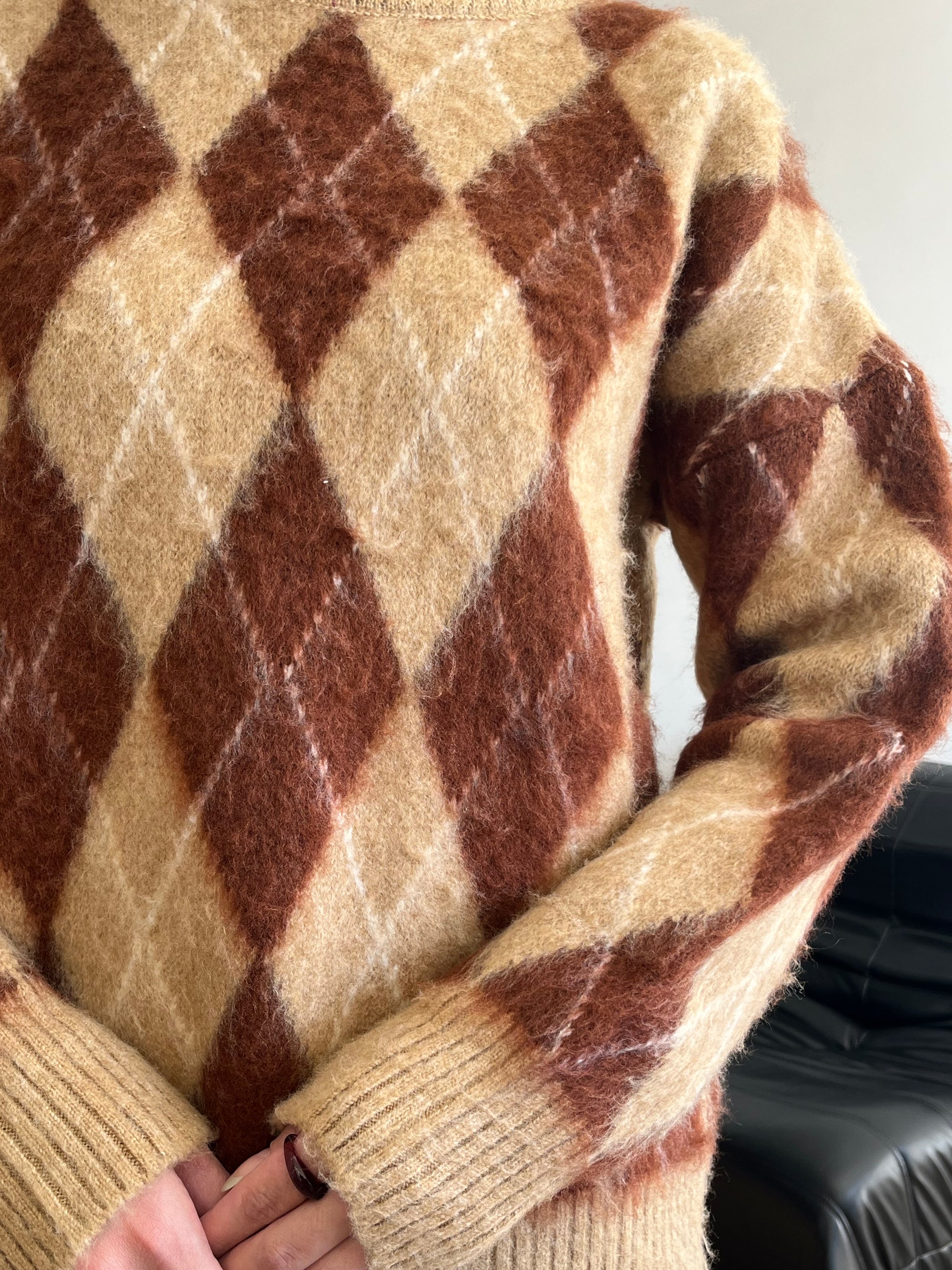 Baklava Desen sakallı Oversize Kazak (Kahverengi)