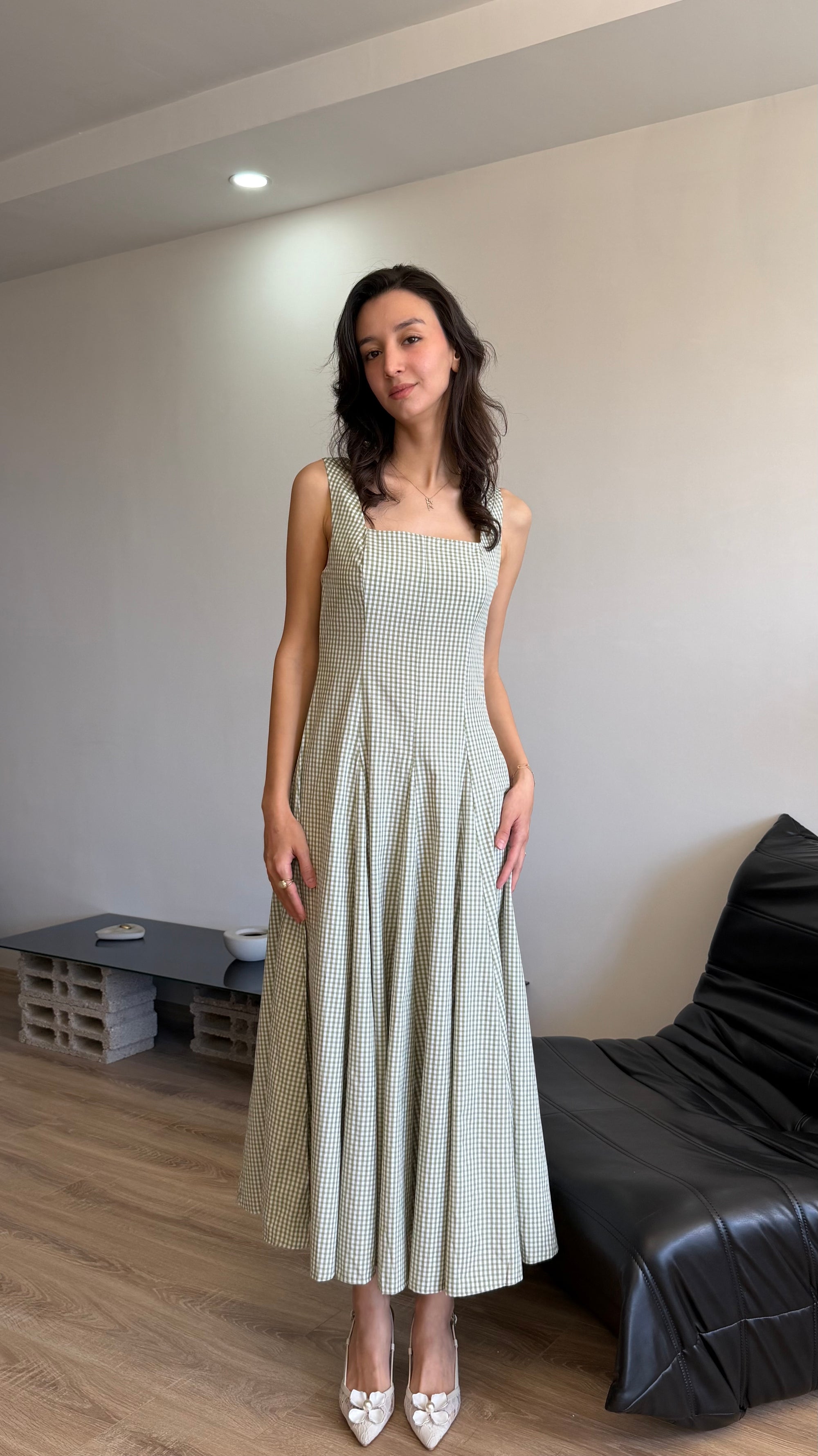 Kare Yaka Askılı Kare Desen Elbise (Yeşil)