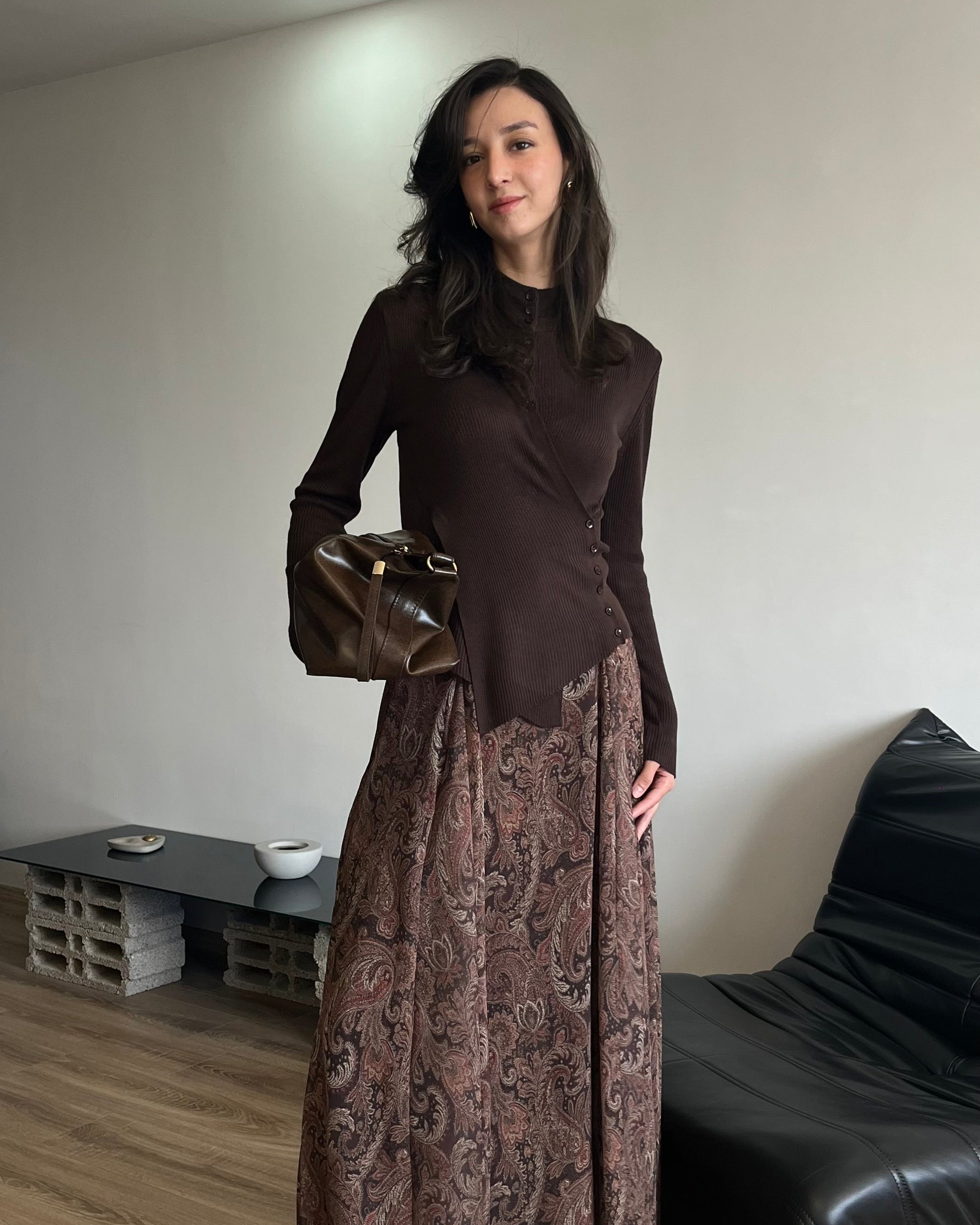 Etnik Desen Astarlı Şifon Etek (Kahverengi)