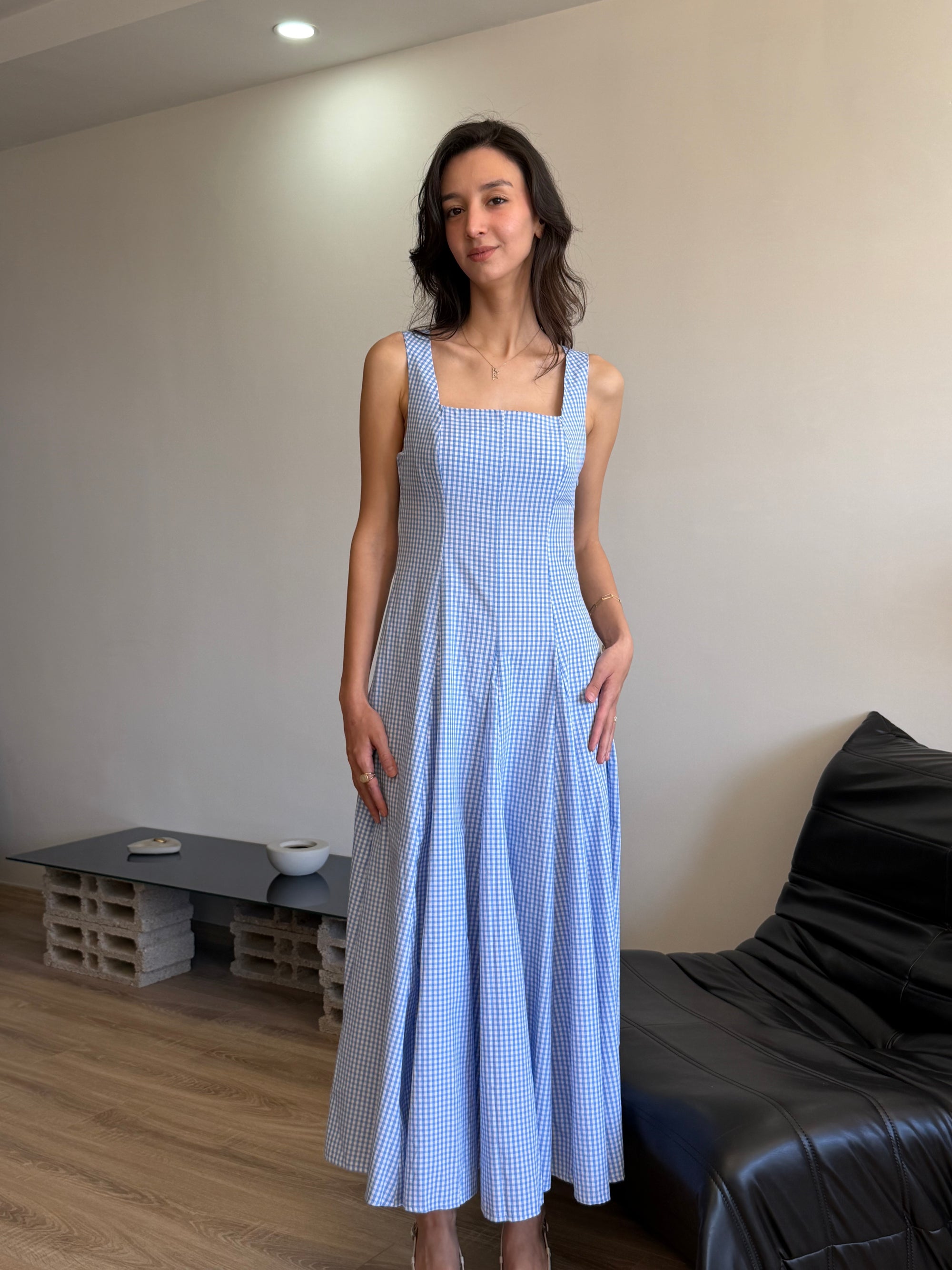 Kare Yaka Askılı Kare Desen Elbise (Mavi)
