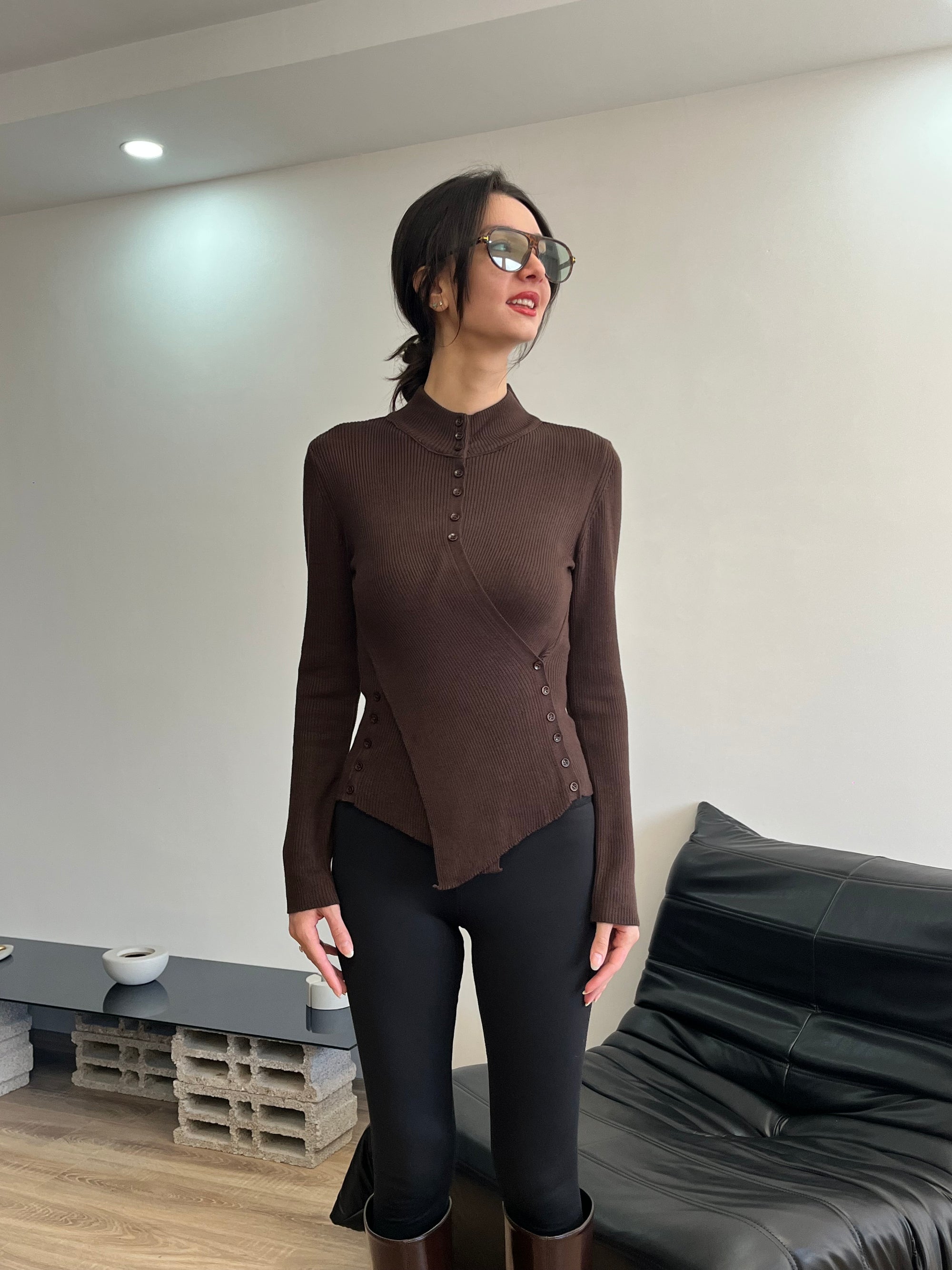 Asimetrik Kesim Fit Triko Bluz (kahverengi)