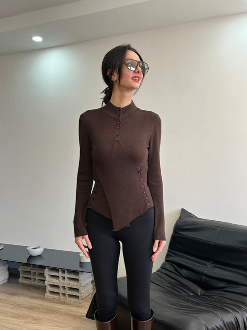 Asimetrik Kesim Fit Triko Bluz (kahverengi)