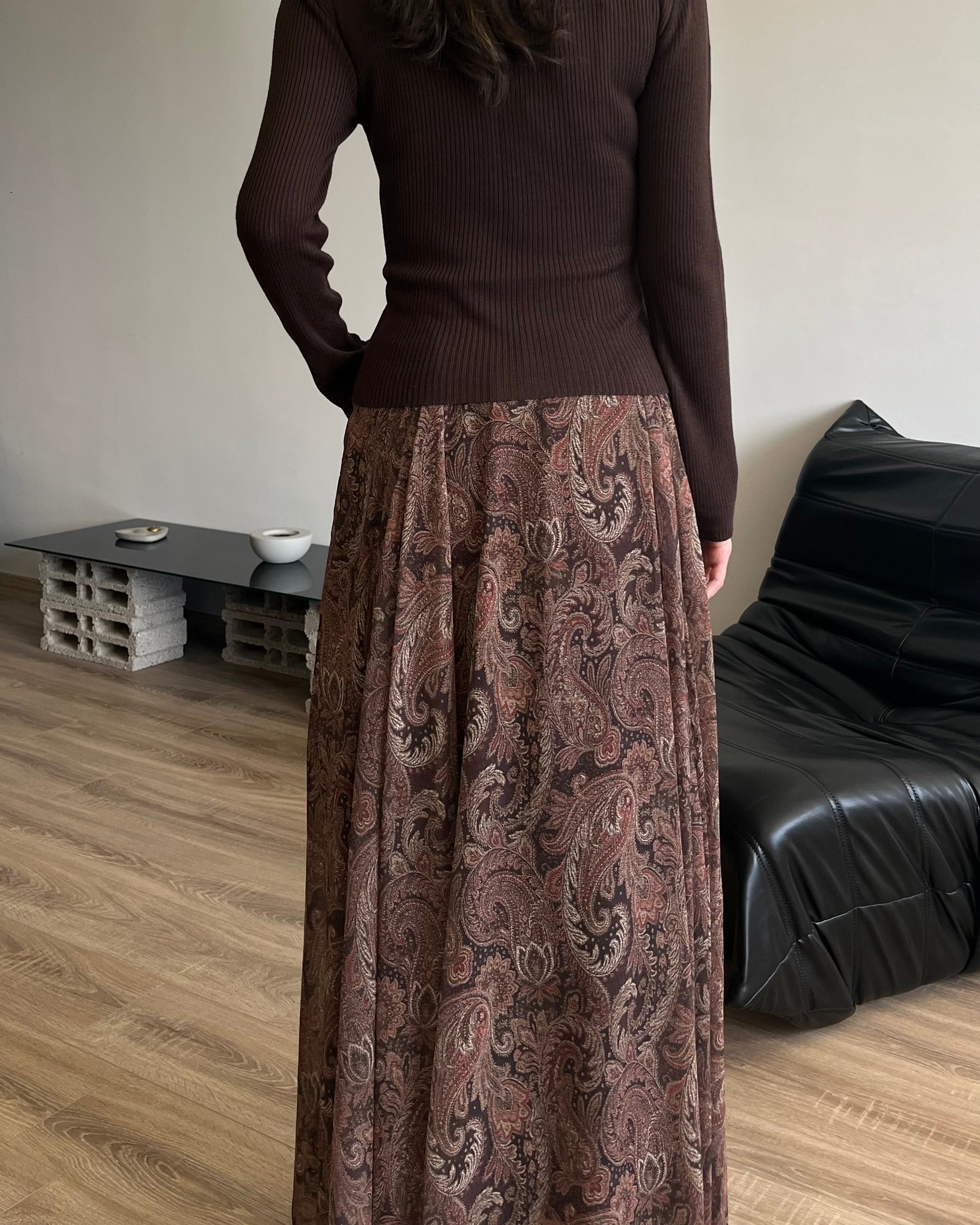 Etnik Desen Astarlı Şifon Etek (Kahverengi)