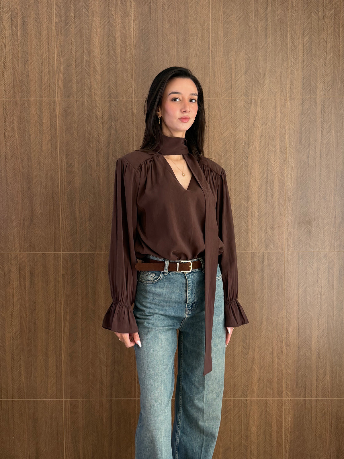 Fularlı Modal Bluz (Kahverengi)