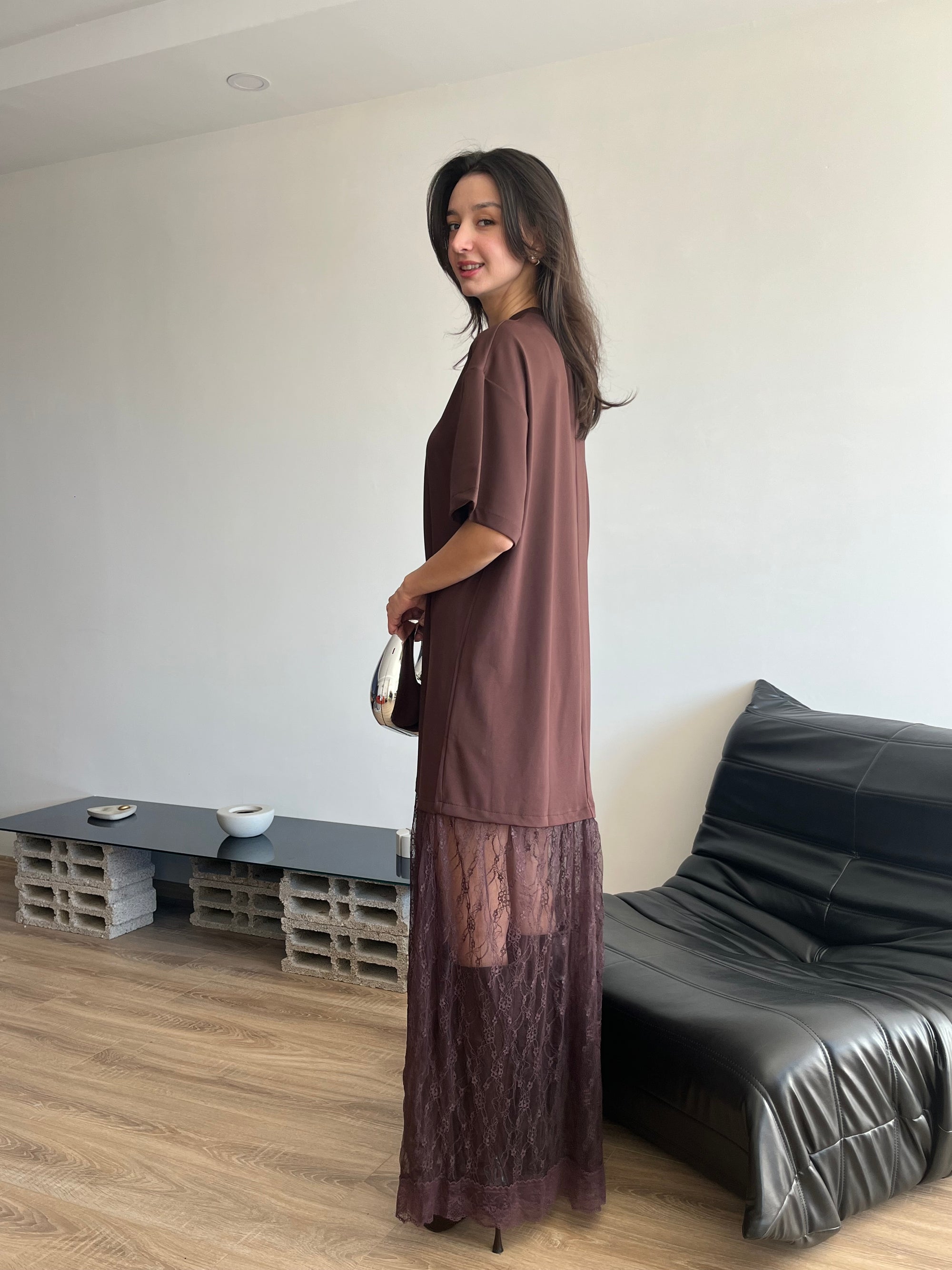 Dantel Garnili Oversize Elbise (kahverengi)