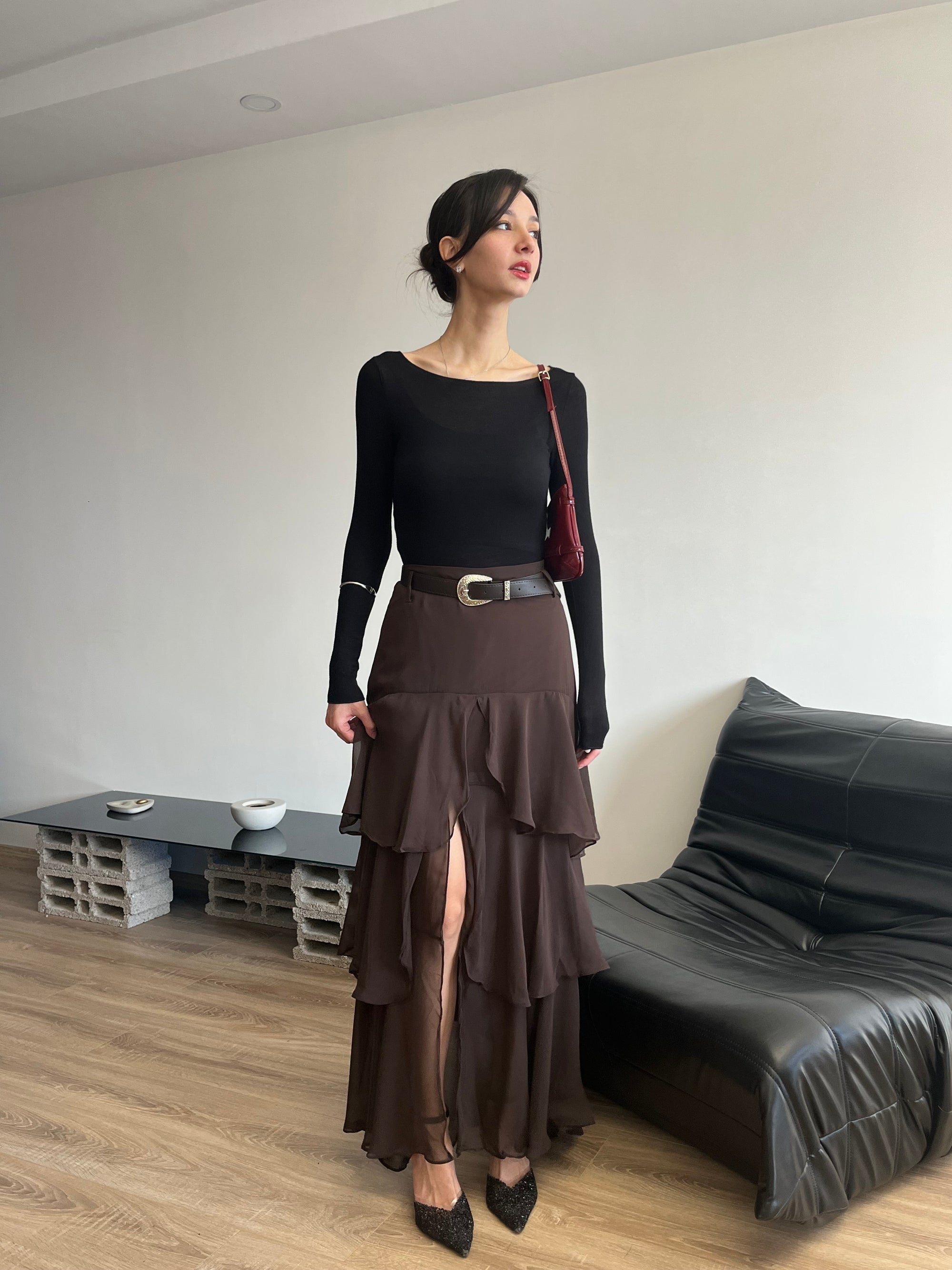 Fırfırlı Kemerli Şifon Etek (Kahverengi)