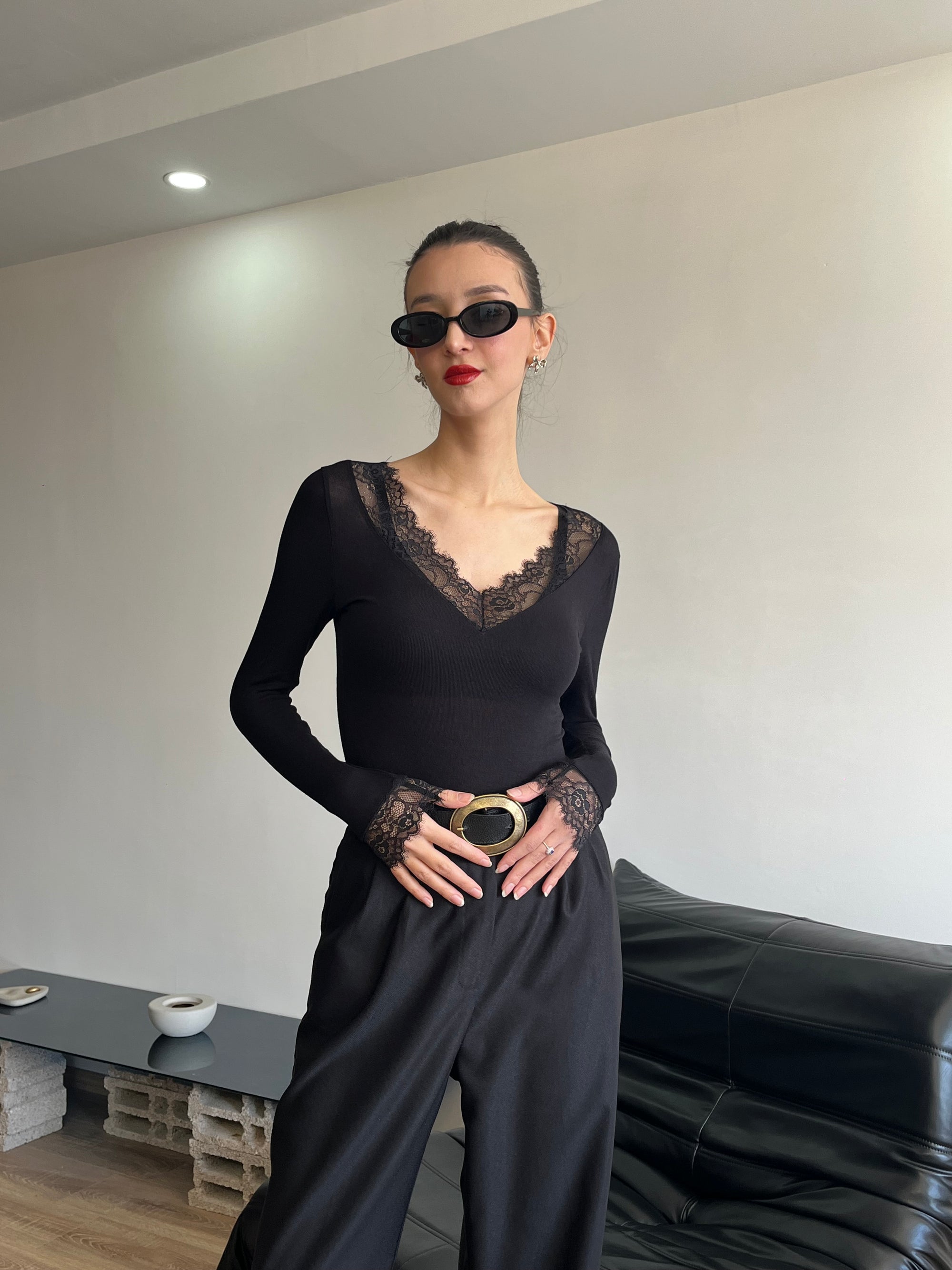 Dantelli Transparan Bluz (Siyah)