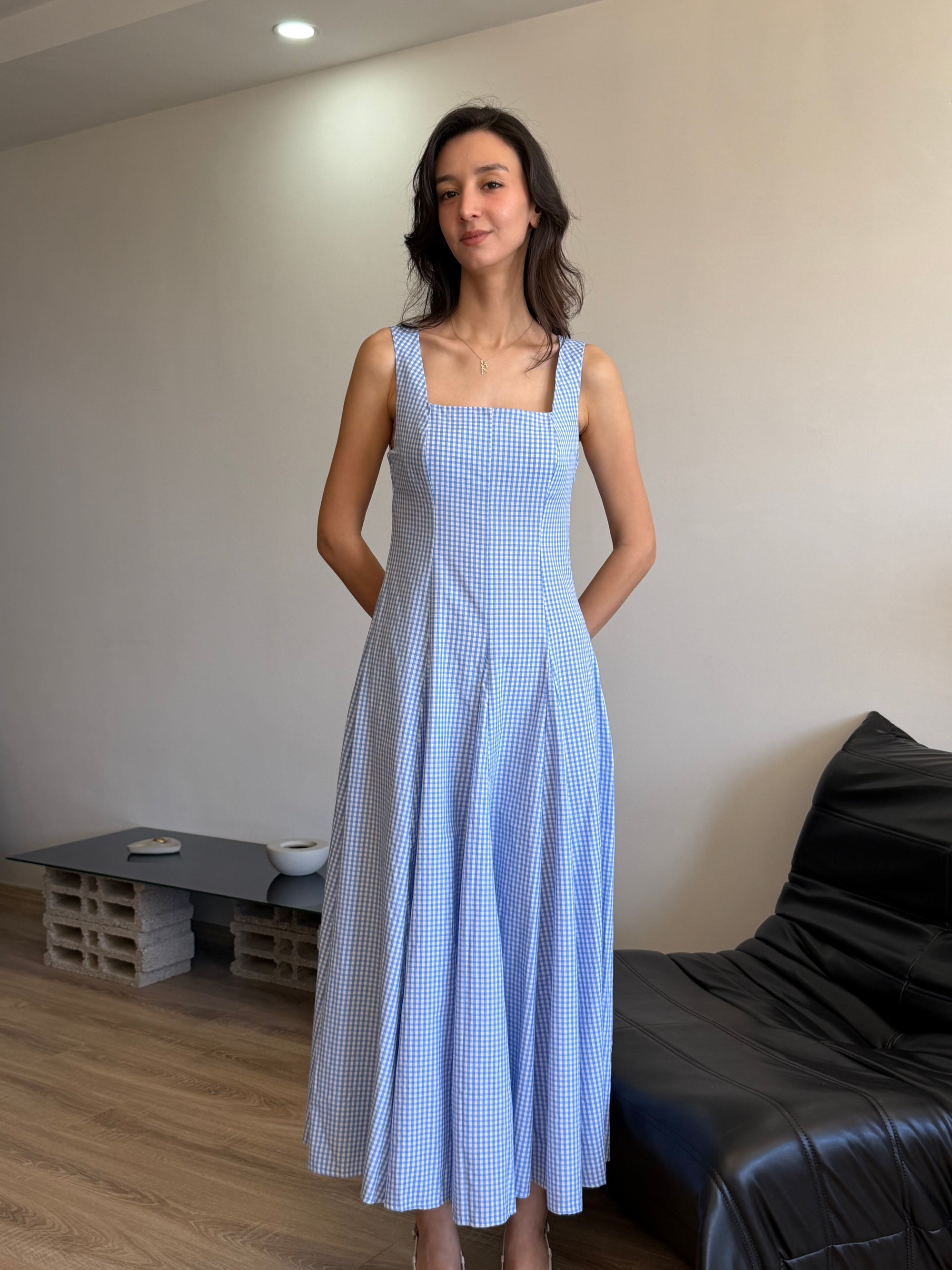 Kare Yaka Askılı Kare Desen Elbise (Mavi)