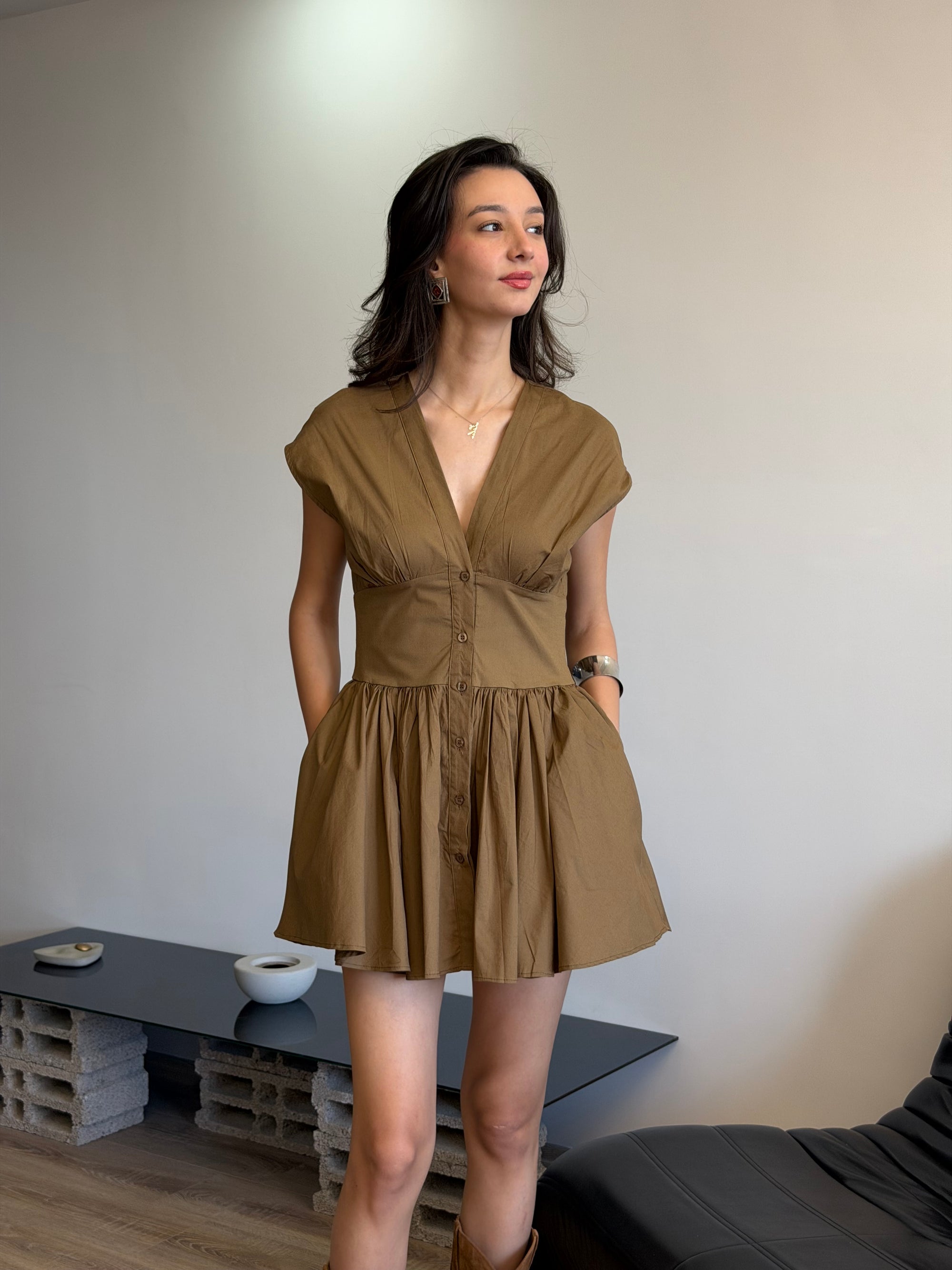 Poplin Kloş Mini Elbise (Haki)